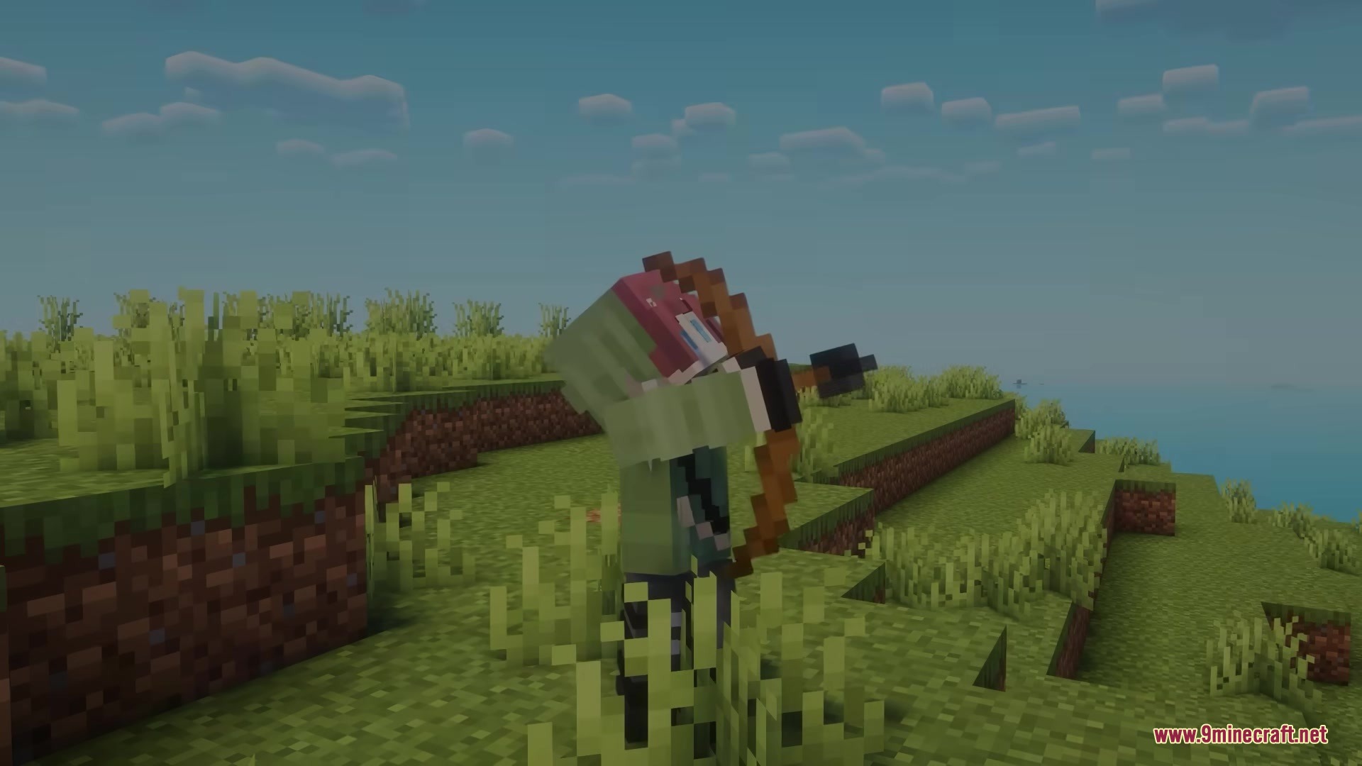 A player character aiming a detailed 3D bow in a grassy field