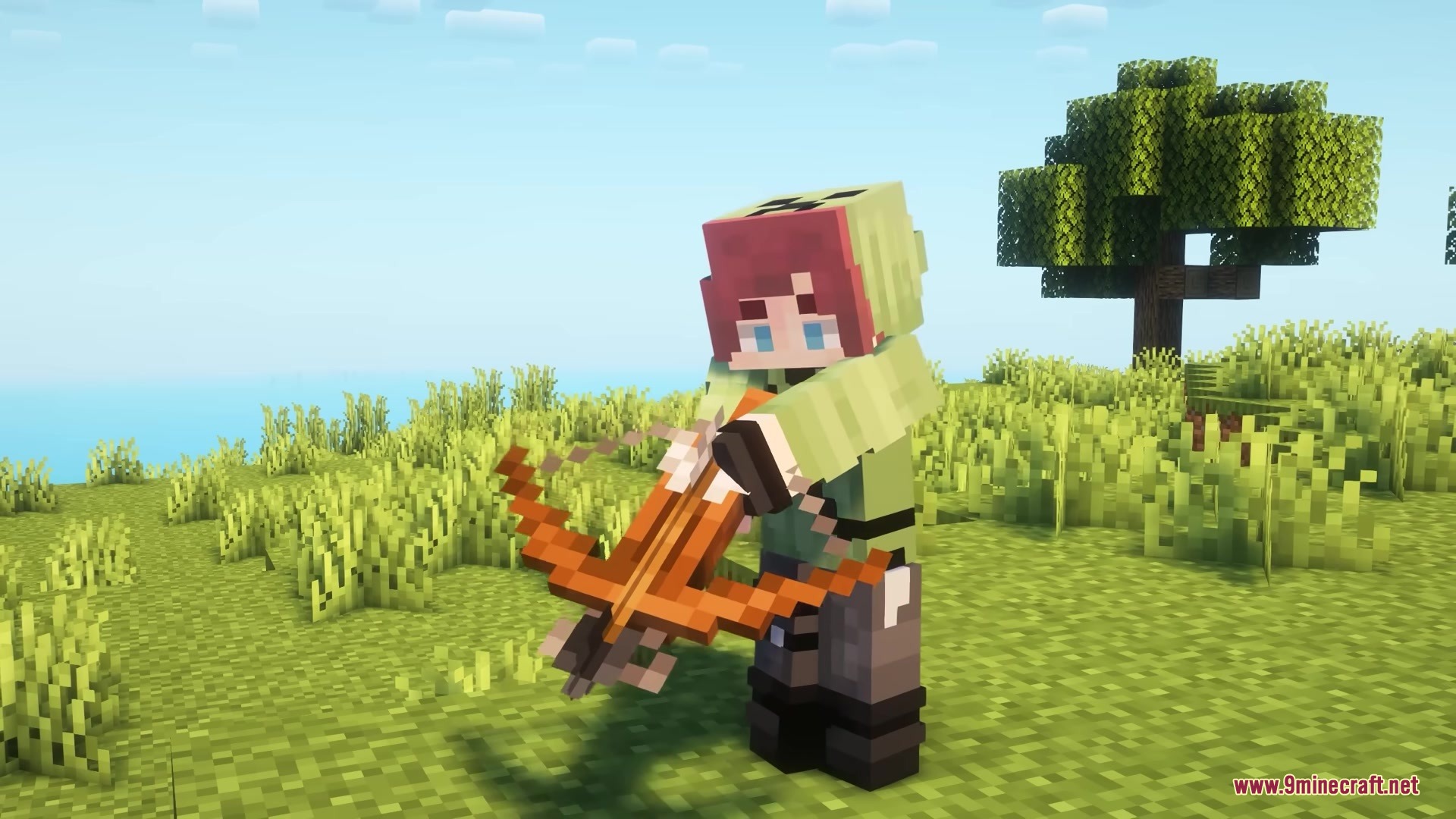 A Minecraft player holding a thick 3D modeled crossbow in a meadow