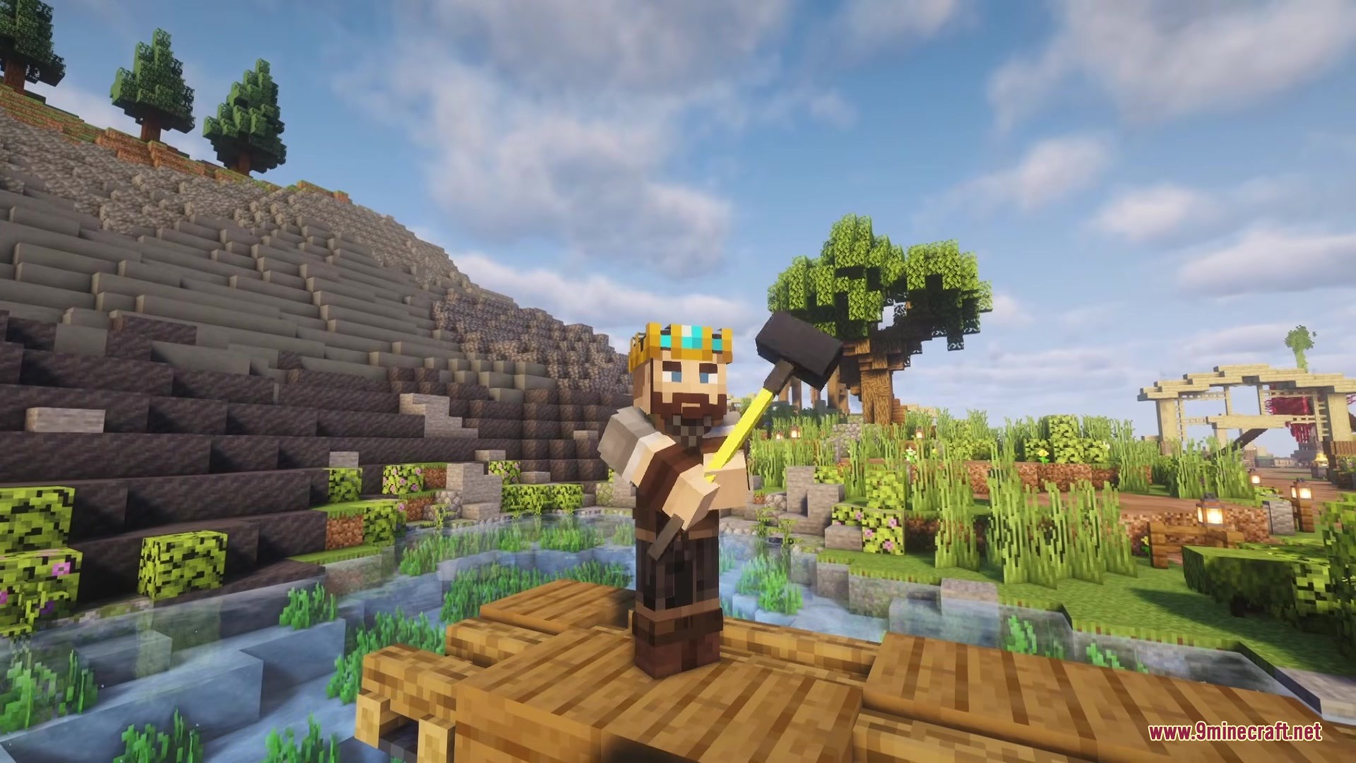 Trydeas Meleez Mod Screenshot 1 A crowned Minecraft character stands on a wooden platform holding a large hammer