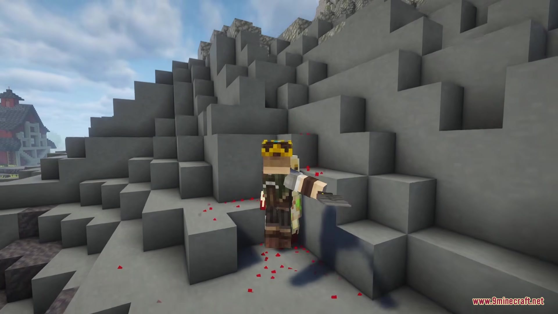 Trydeas Meleez Mod Screenshot 3 A crowned Minecraft player wielding a meat cleaver near a rocky mountain