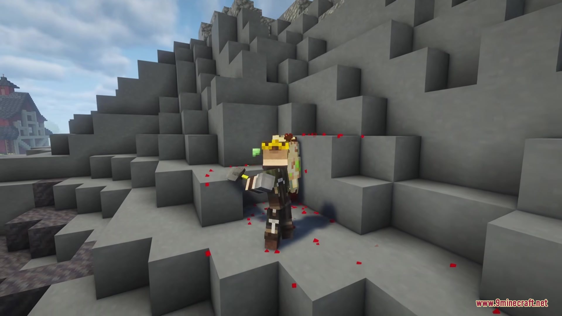Trydeas Meleez Mod Screenshot 4 A character swinging a heavy wrench against stone blocks in a rocky biome
