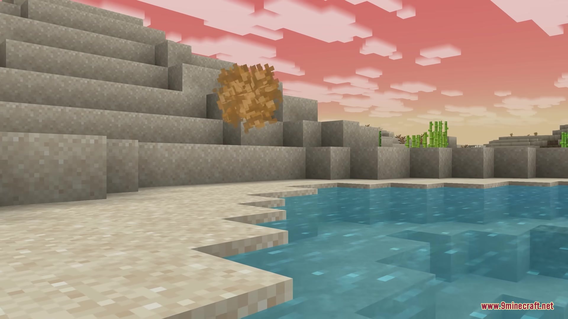 Tumbleweeds Mod Screenshot 2 A tumbleweed rolls across the sand next to a clear pool of water