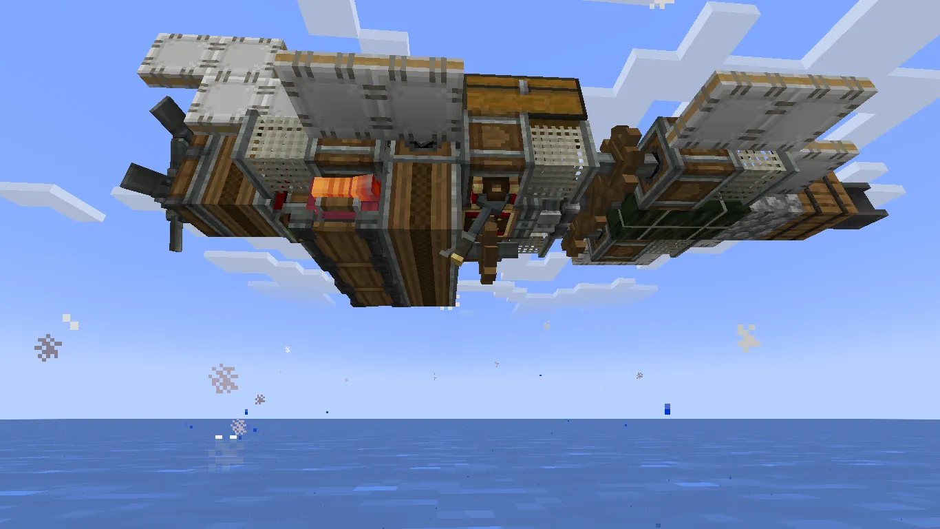 Turntable Schematic Screenshots 1 Side view of a compact flying machine with propellers and wooden chests
