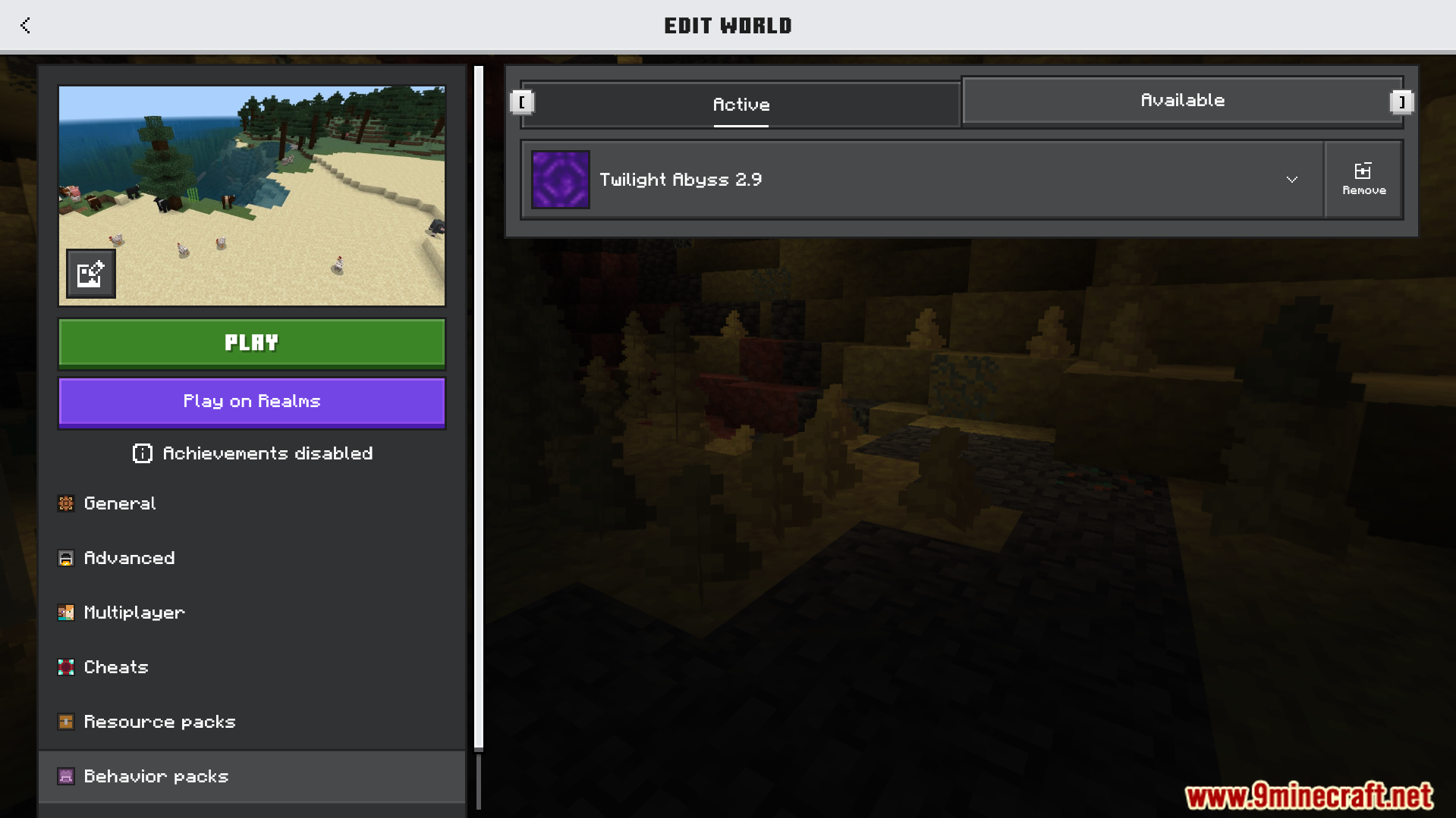 Twilight Abyss Dimension Addon Screenshot 1 Minecraft Bedrock edit world menu showing the active Twilight Abyss behavior pack