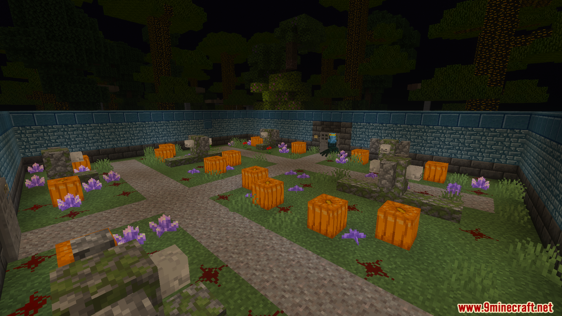 Twilight Abyss Dimension Addon Screenshot 10 A dungeon courtyard filled with pumpkins purple crystals and mossy stone structures