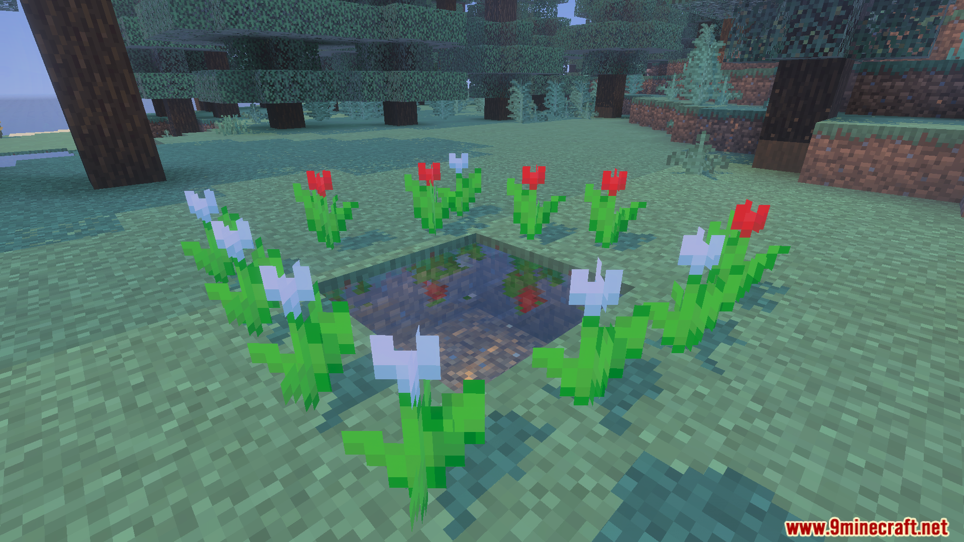Twilight Abyss Dimension Addon Screenshot 3 Small water pool surrounded by red and white tulips in a forest biome