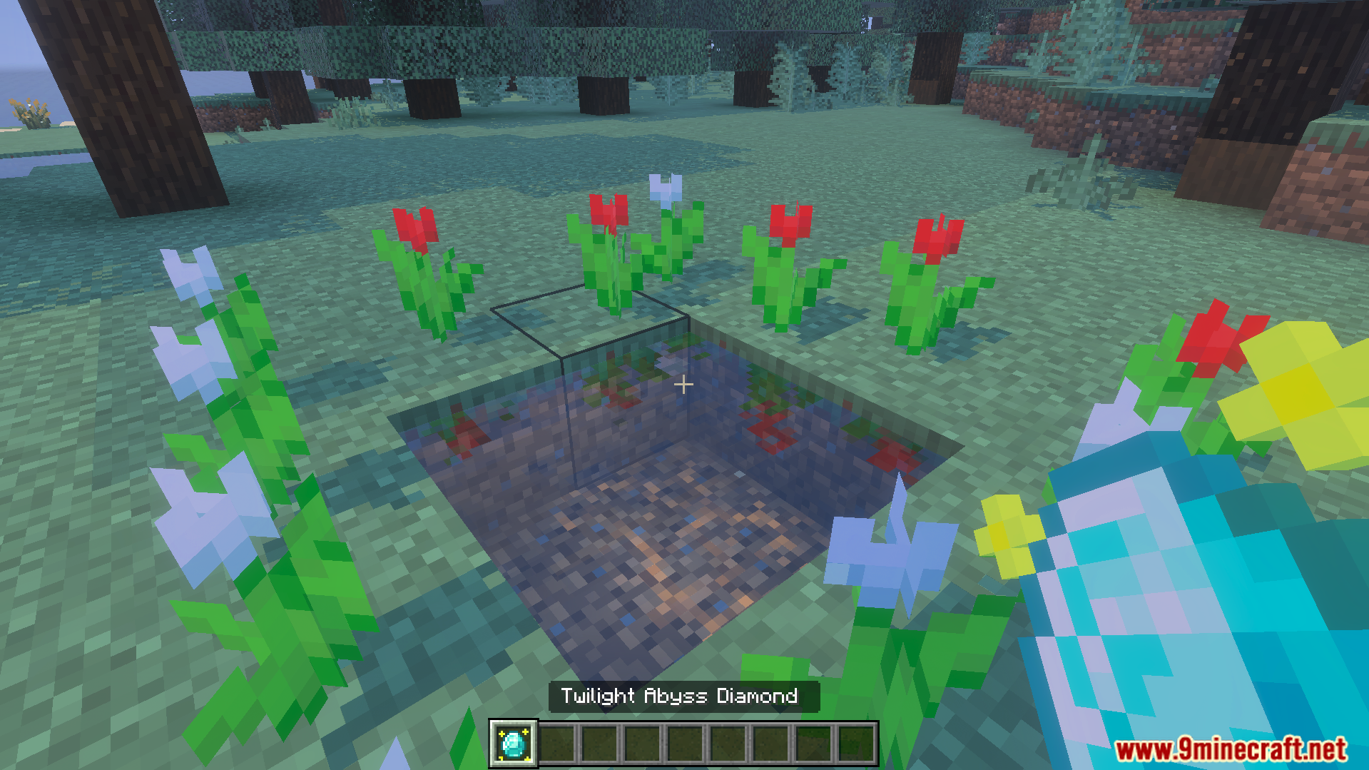 Twilight Abyss Dimension Addon Screenshot 4 Player holding a Twilight Abyss Diamond next to a flower surrounded water portal