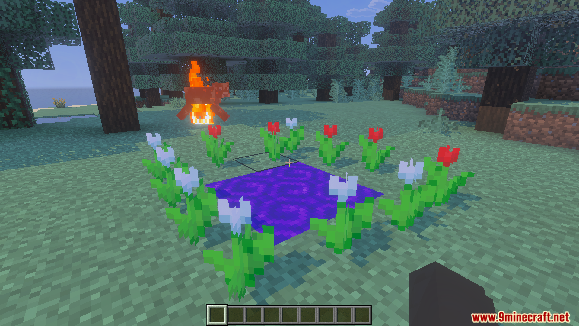 Twilight Abyss Dimension Addon Screenshot 5 A purple water portal surrounded by flowers in the Twilight Abyss Dimension Addon