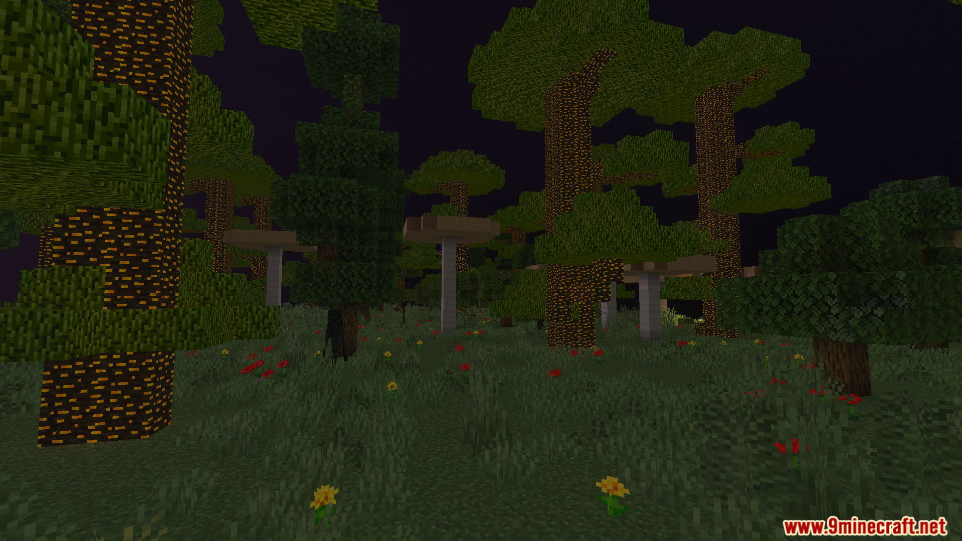 Twilight Abyss Dimension Addon Screenshot 8 Exploring a dark forest biome with unique trees and mushrooms under night sky