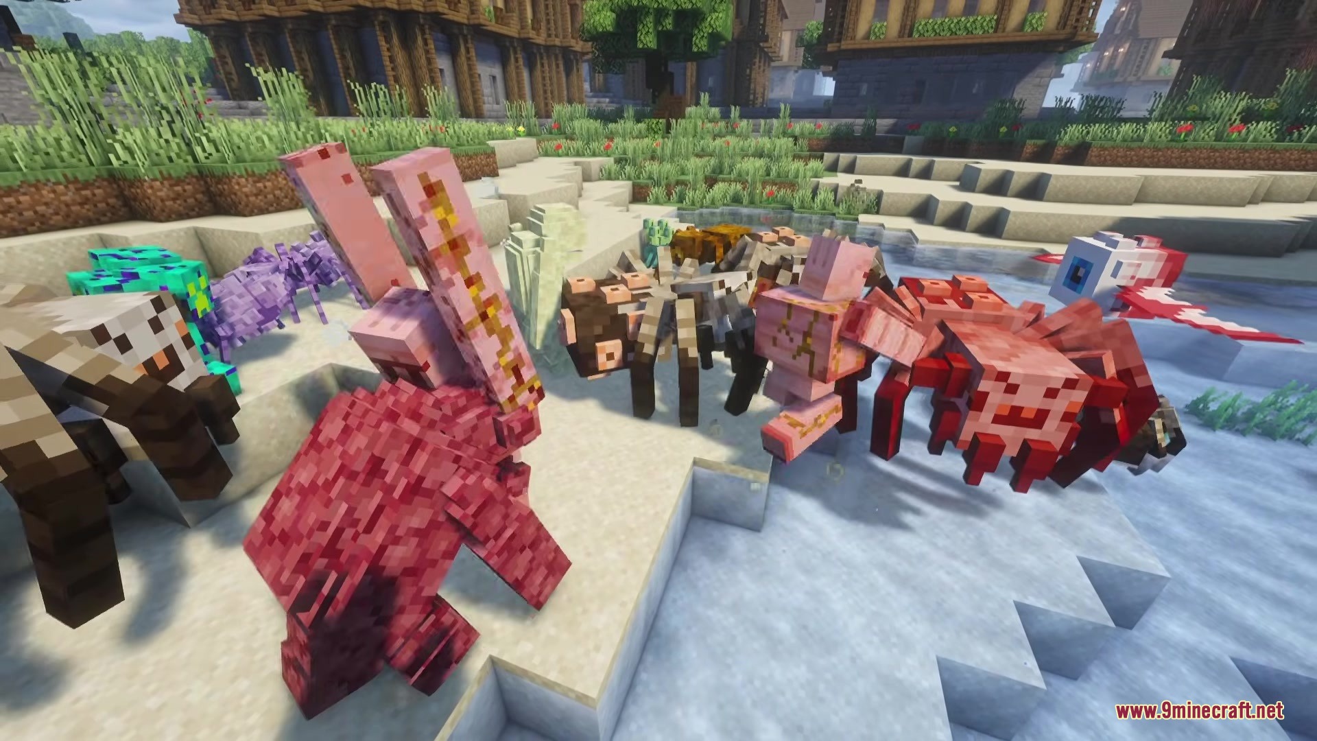 Twisted Mobs Mod Screenshot 1 A group of mutated spiders and other monsters gathered on a sandy beach