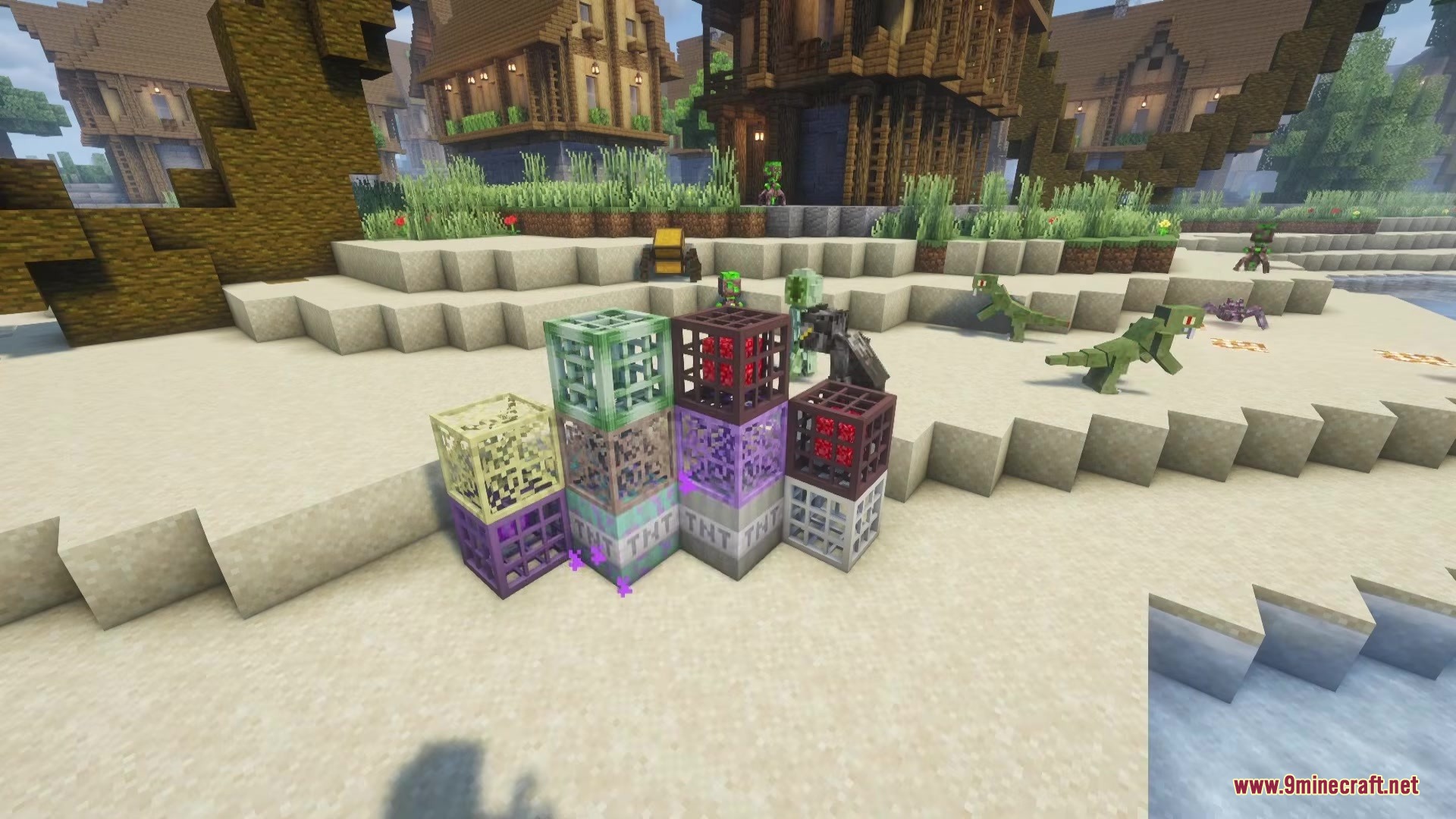 Twisted Mobs Mod Screenshot 11 Colorful monster traps and new hostile creatures standing on a sandy beach