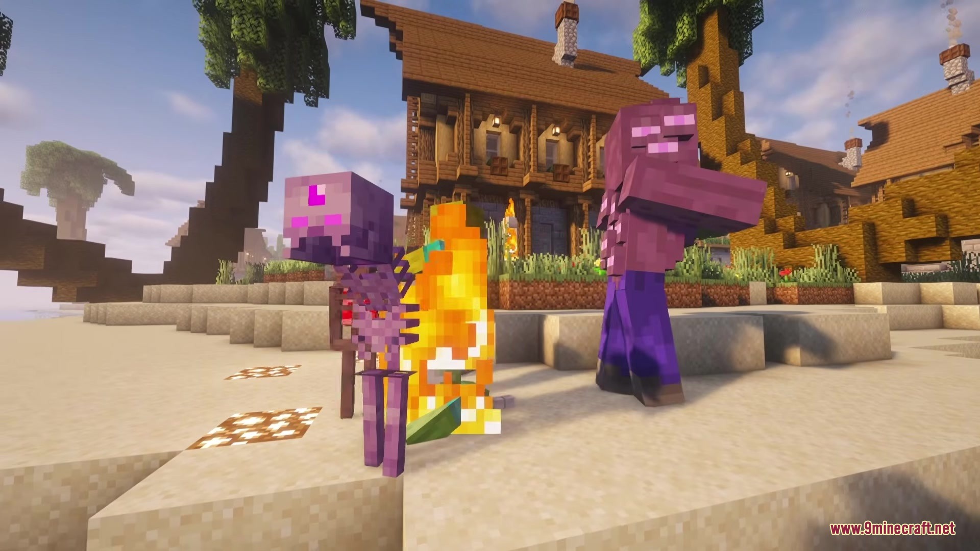 Twisted Mobs Mod Screenshot 2 Purple mutated skeleton and zombie standing near a wooden house on the beach
