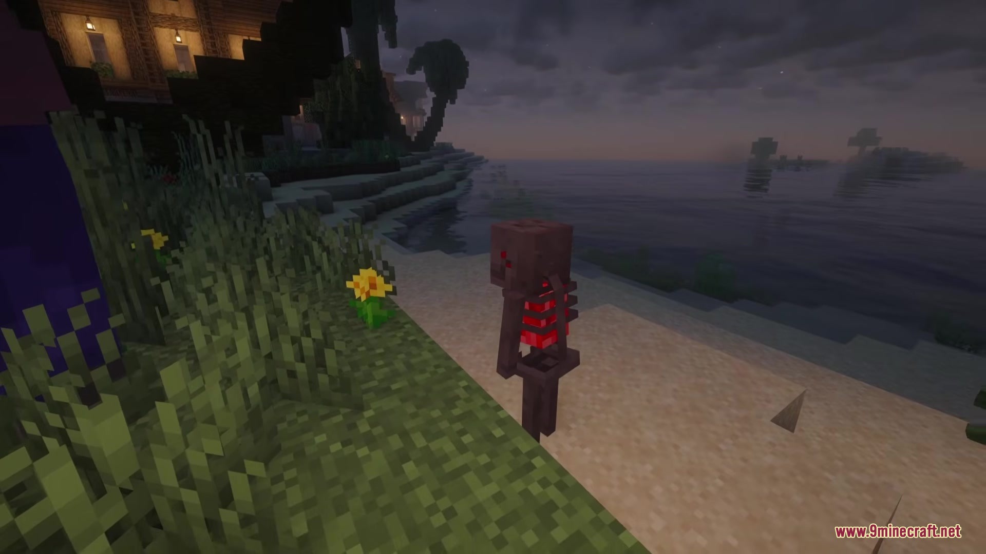 Twisted Mobs Mod Screenshot 4 A skeleton with a glowing red ribcage stands near the dark ocean