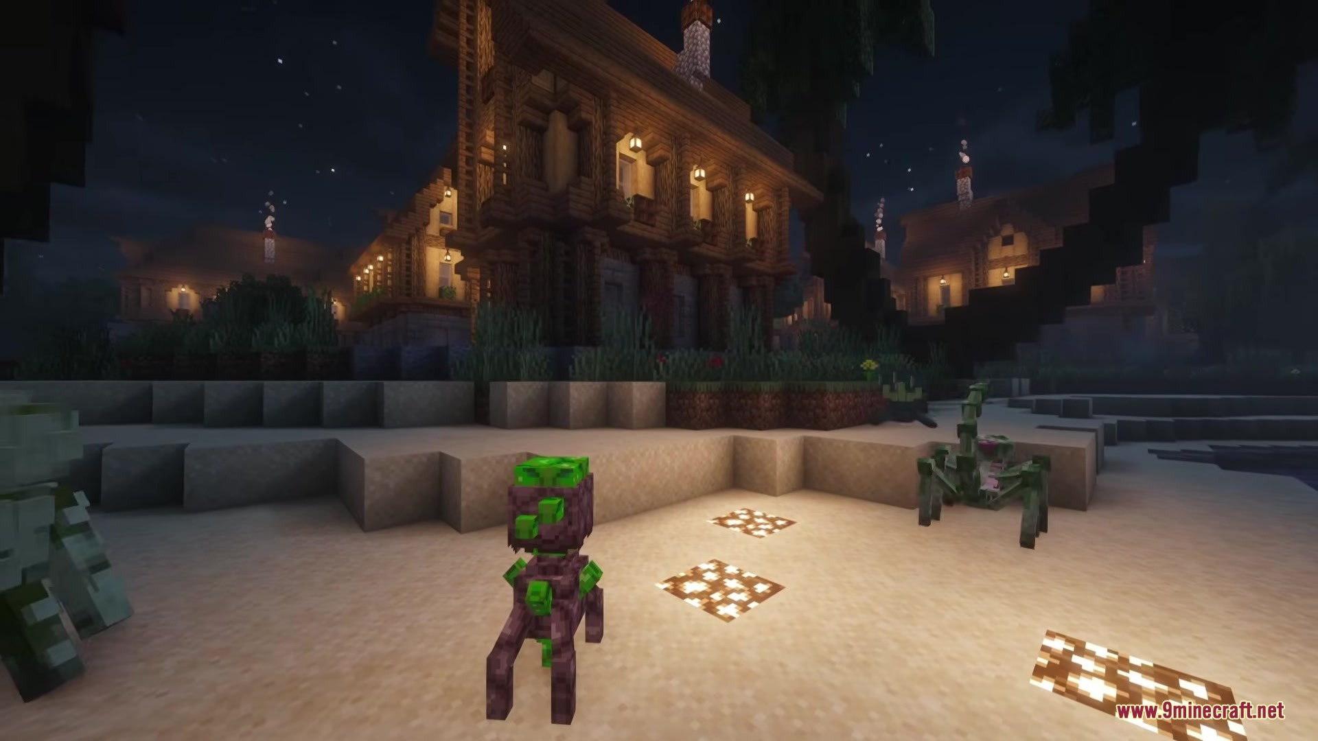 Twisted Mobs Mod Screenshot 7 Mutated monsters wander across a sandy beach lit by glowing ground blocks