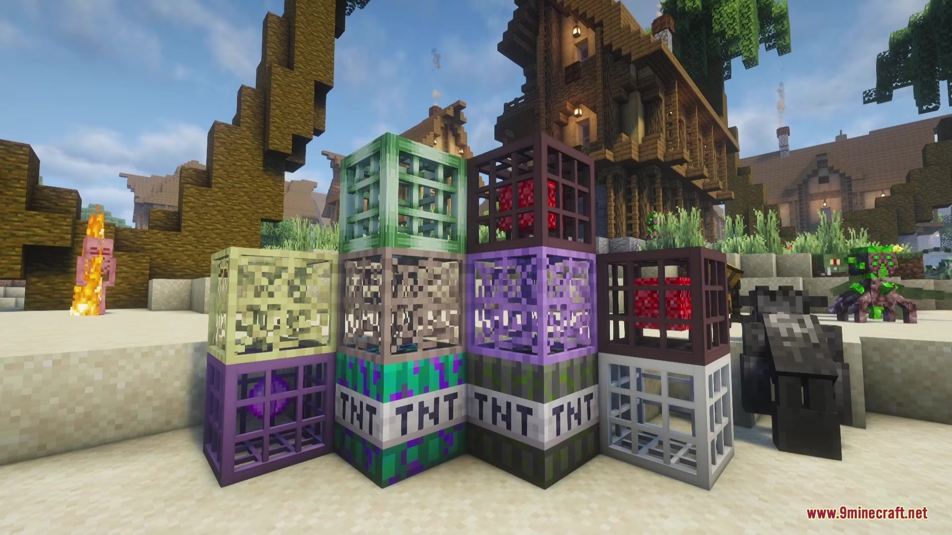 Twisted Mobs Mod Screenshot 8 Colorful cage blocks and custom TNT variants displayed next to mutated creatures