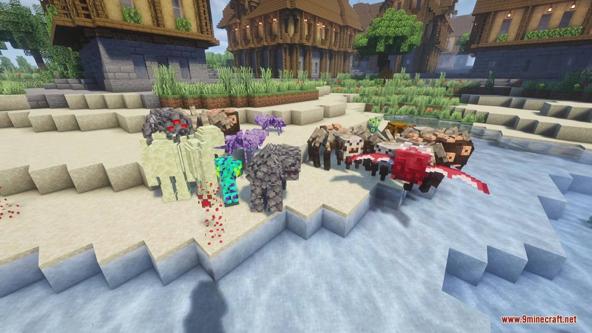 Twisted Mobs Mod Screenshot 9 Gritlock and mutated spiders standing on a beach near a village