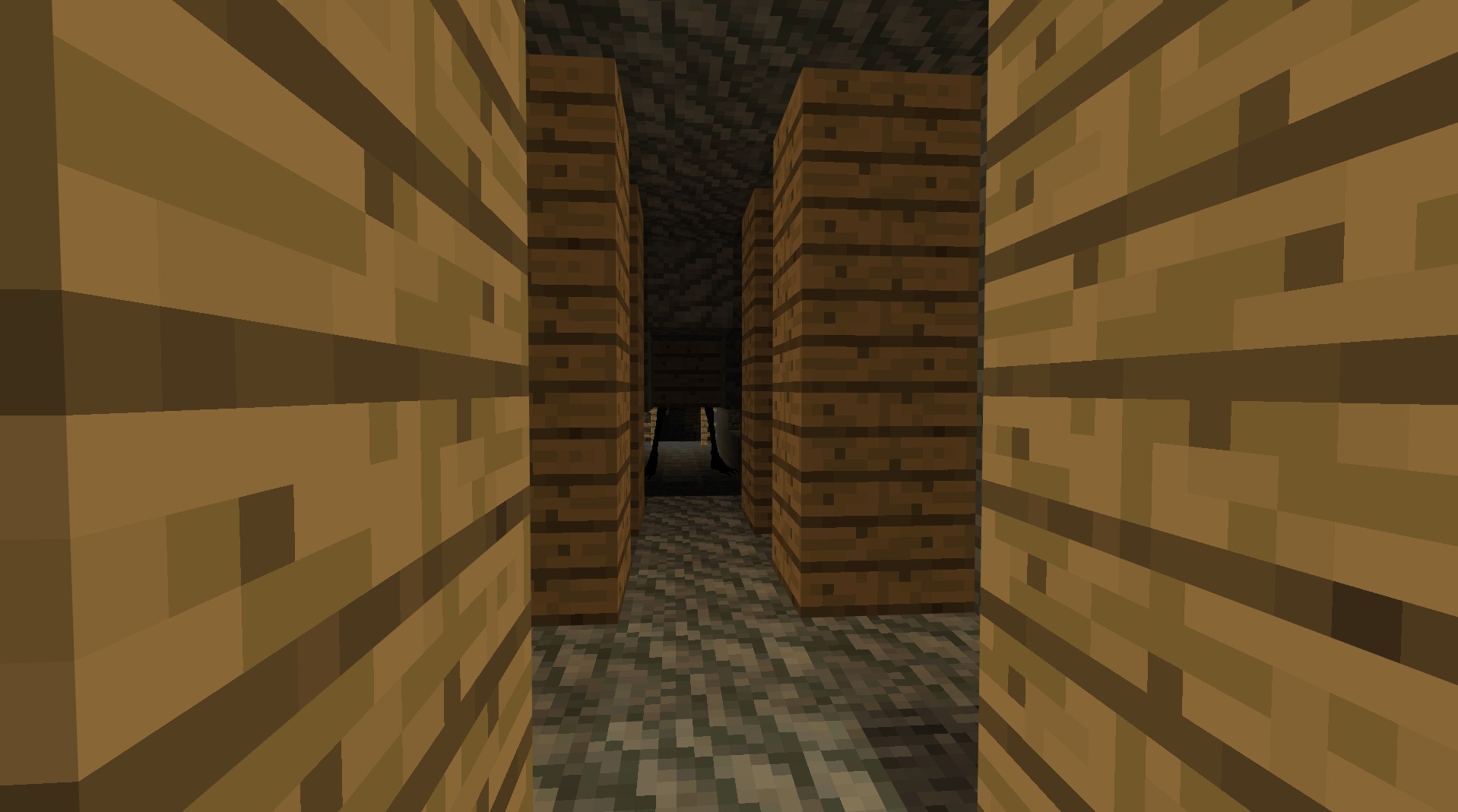 A scary creature watches from the shadows of a dark wooden structure