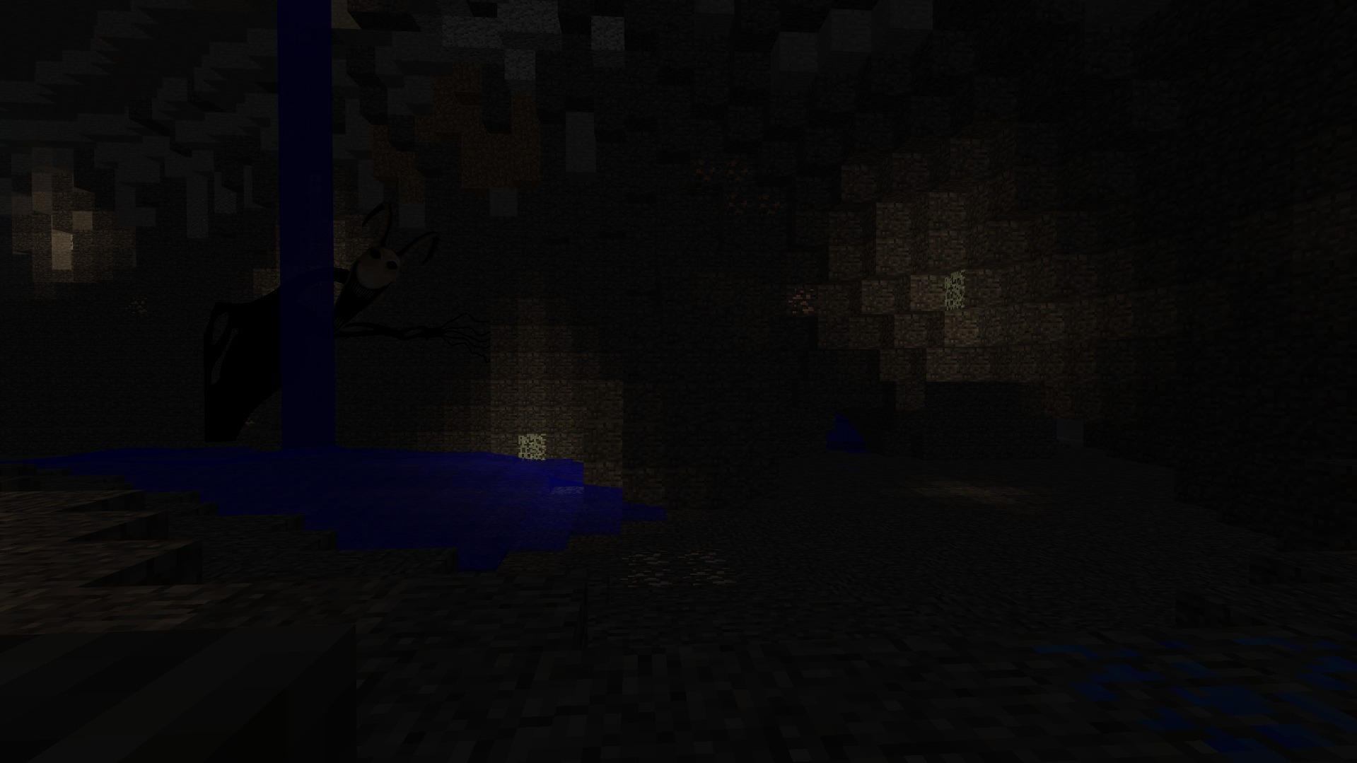 Twixxel Stalkers Addon monster peeking from behind a blue waterfall in a cave