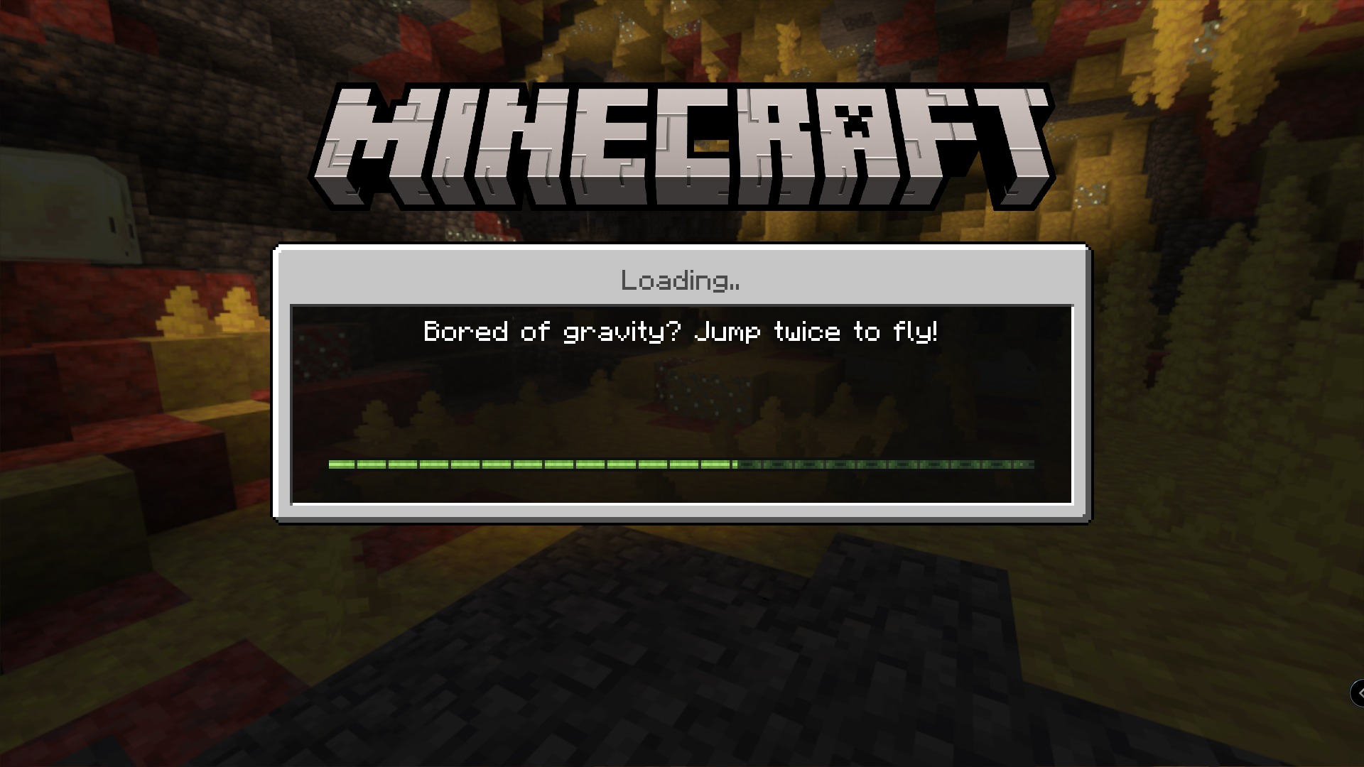 Minecraft Bedrock loading screen with a gameplay tip and a cave background