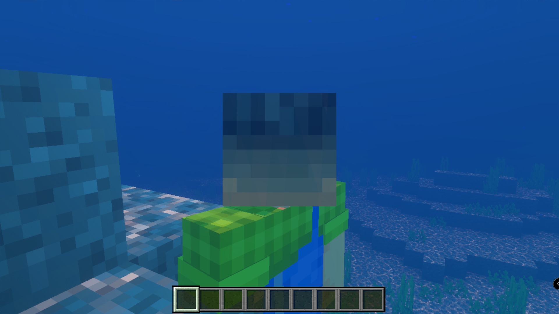 Minecraft player wearing a grey monster head while swimming in the deep ocean