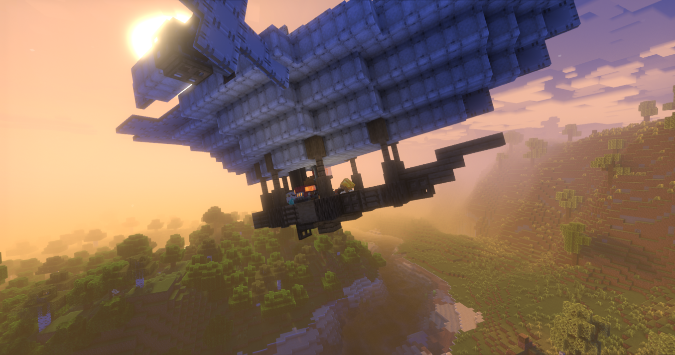 Typewriter Airship Schematic Screenshots 2 A custom airship flying over a dense forest and river during a sunset