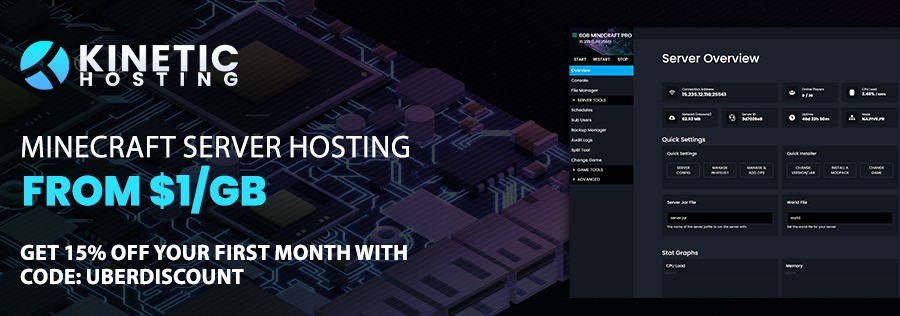 Kinetic Hosting advertisement for Minecraft server hosting with a special discount code
