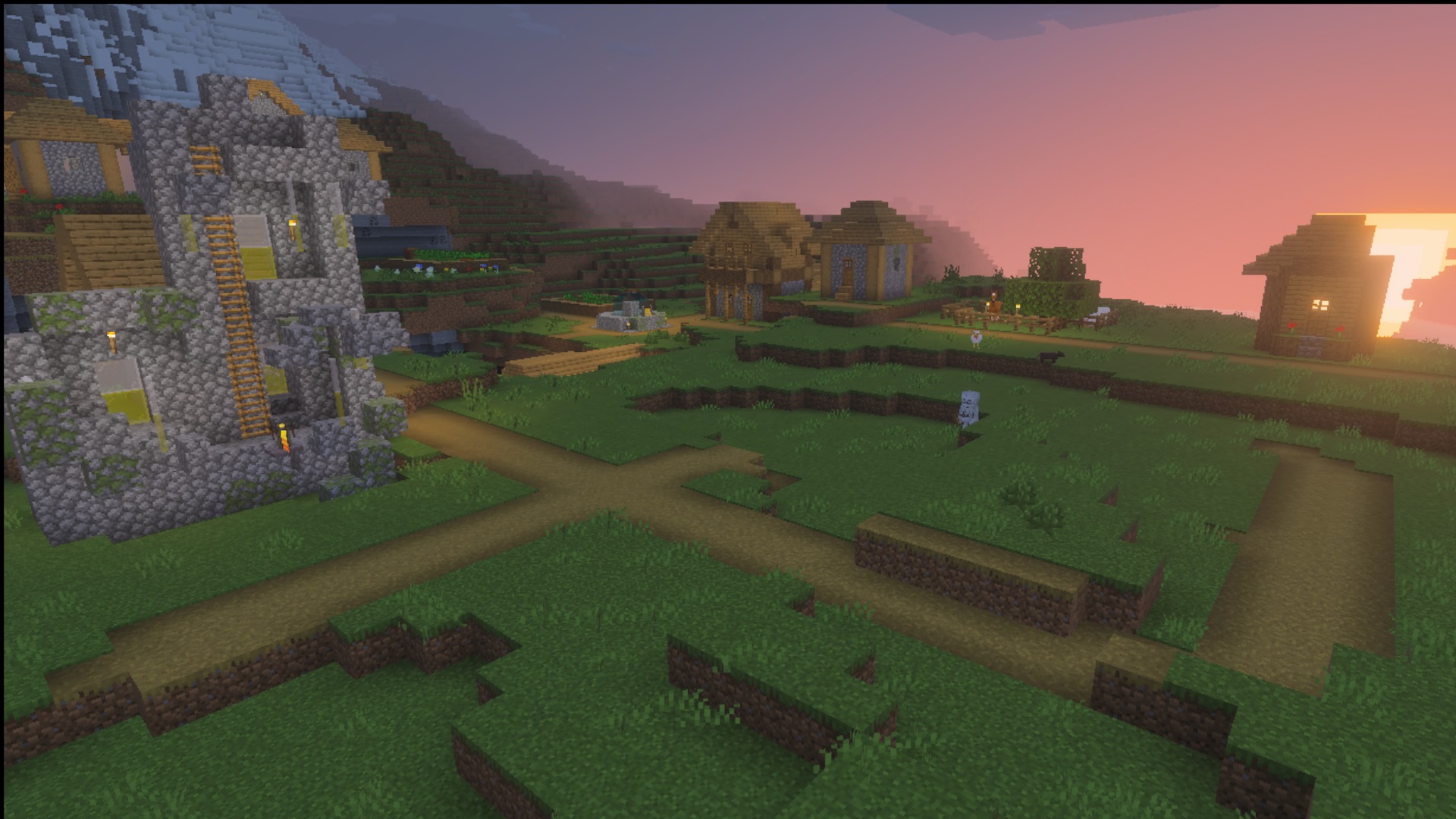 A survival village with houses, animals and pathways textured by the Ultimate Survival pack