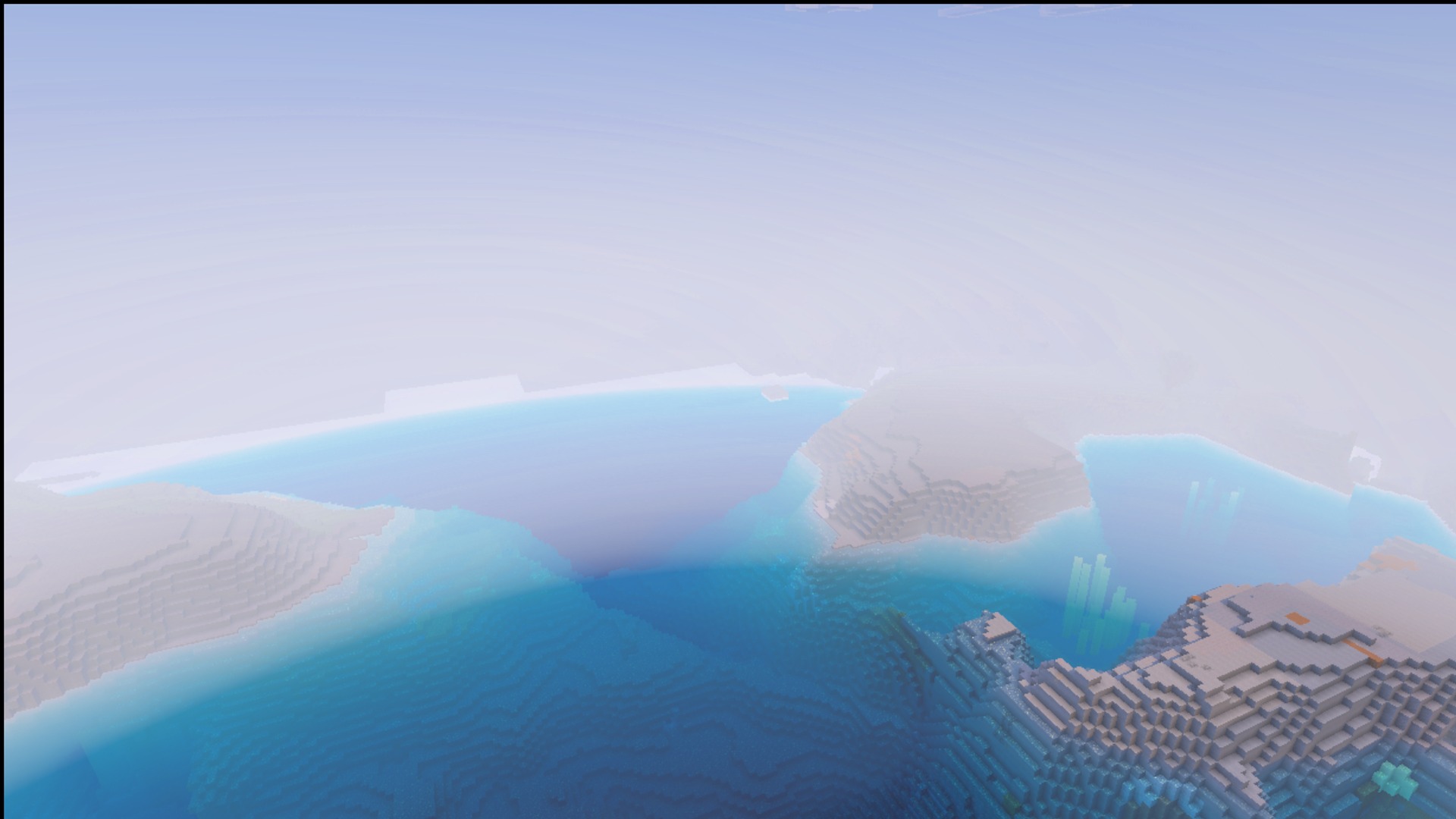 A wide view of the terrain and coastline with the Ultimate Survival pack applied