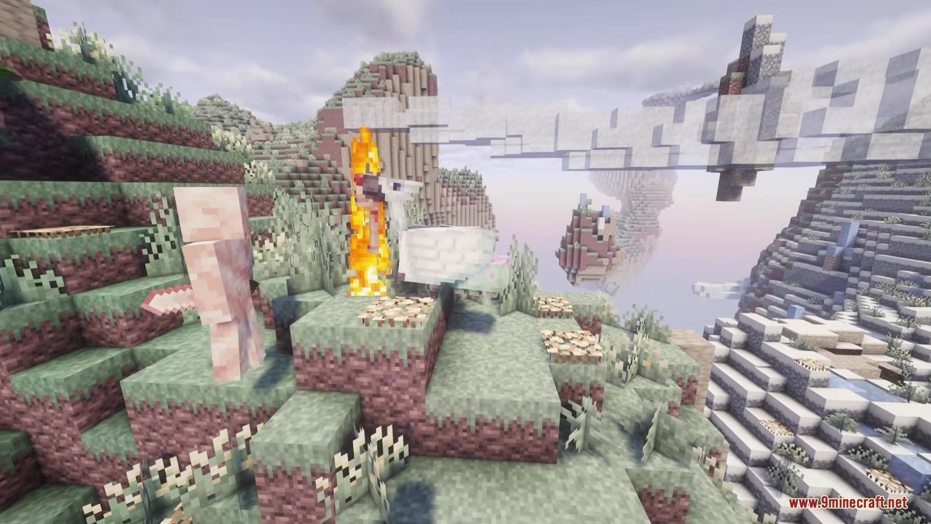 A player stands near a burning pelican with floating islands in the background