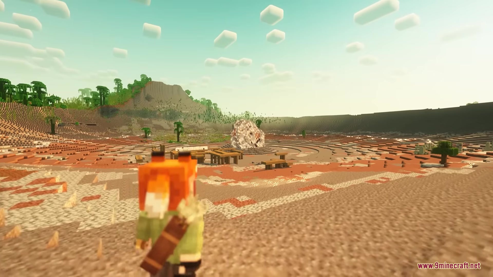 UnderMod Mod Screenshot 11 A player overlooks a massive meteor crater from UnderMod in a desert biome