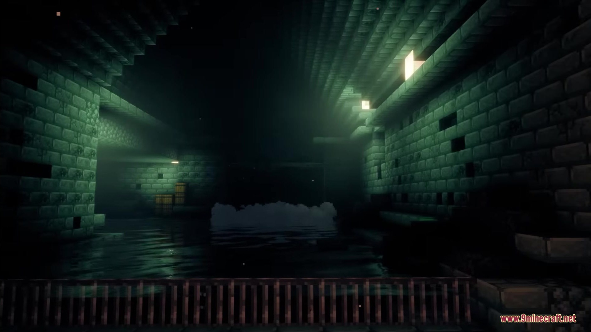 UnderMod Mod Screenshot 7 Dark flooded ancient sewers with stone brick walls and glowing green light