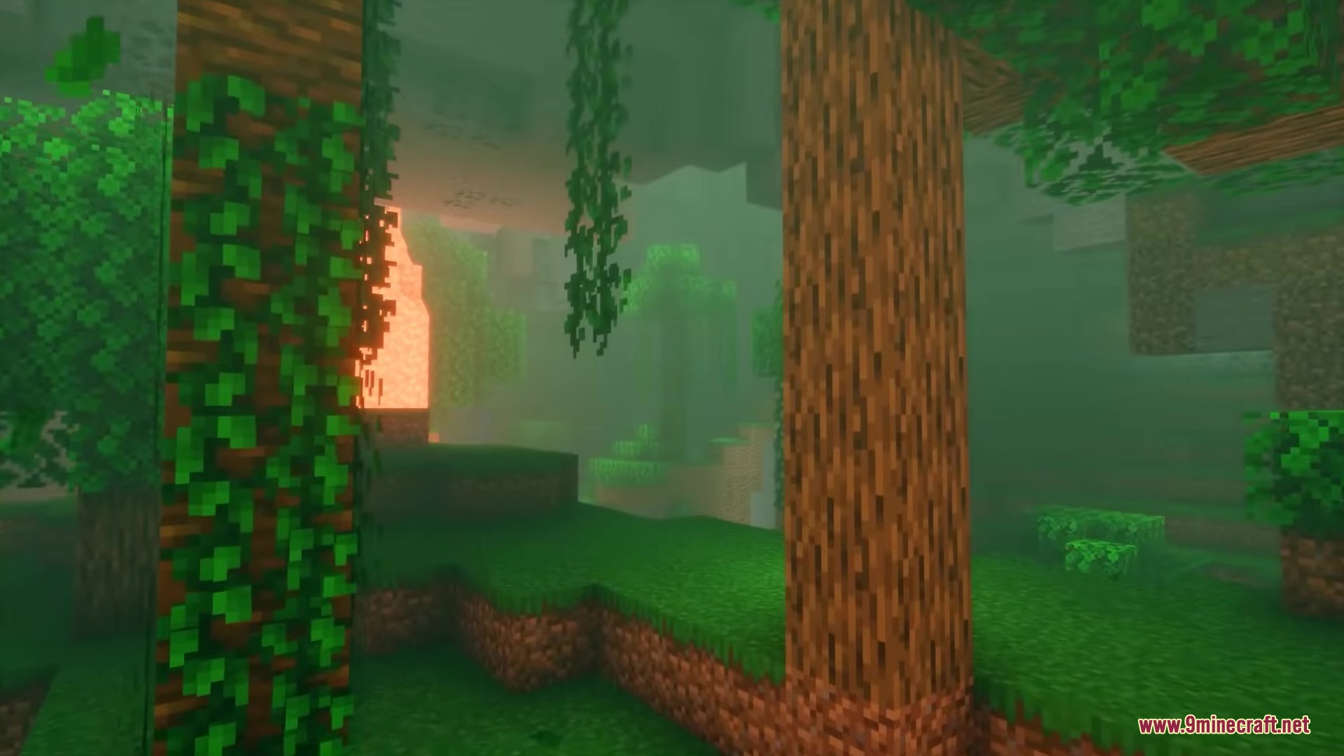 UnderMod Mod Screenshot 8 Lush underground forest with trees and vines growing inside a large cave