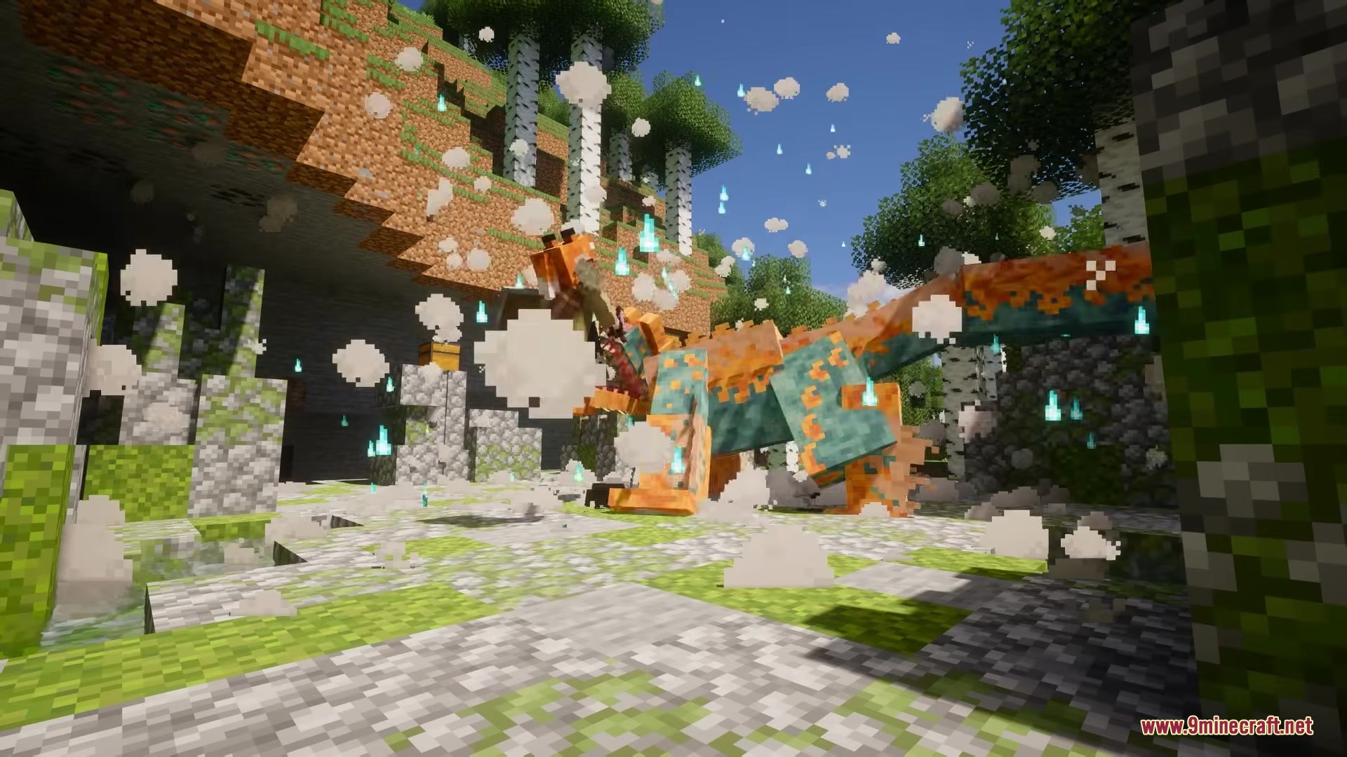 Giant orange monster stands in a forest with smoke and blue fire