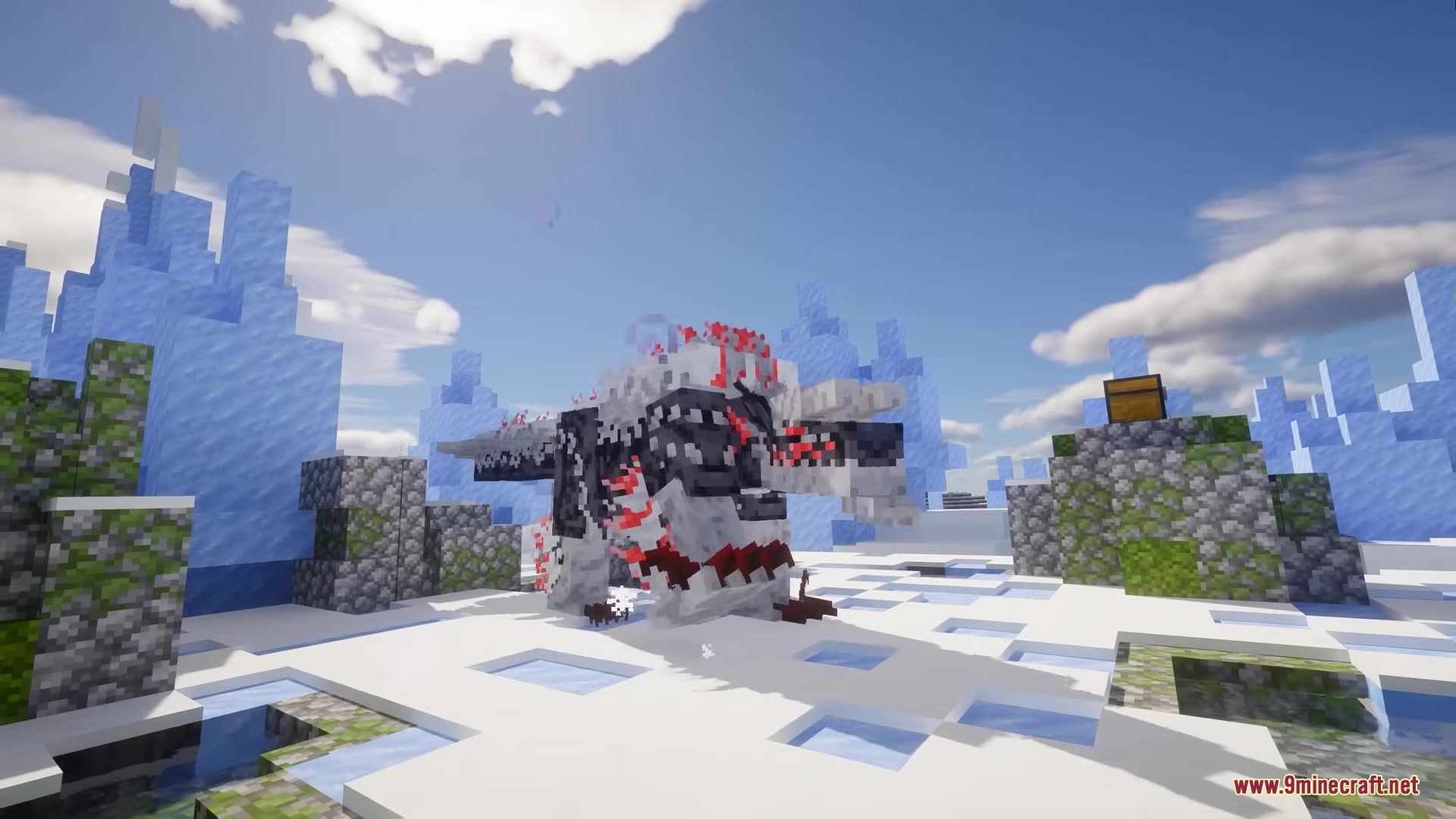 Massive white monster roams a snowy landscape near a wooden chest