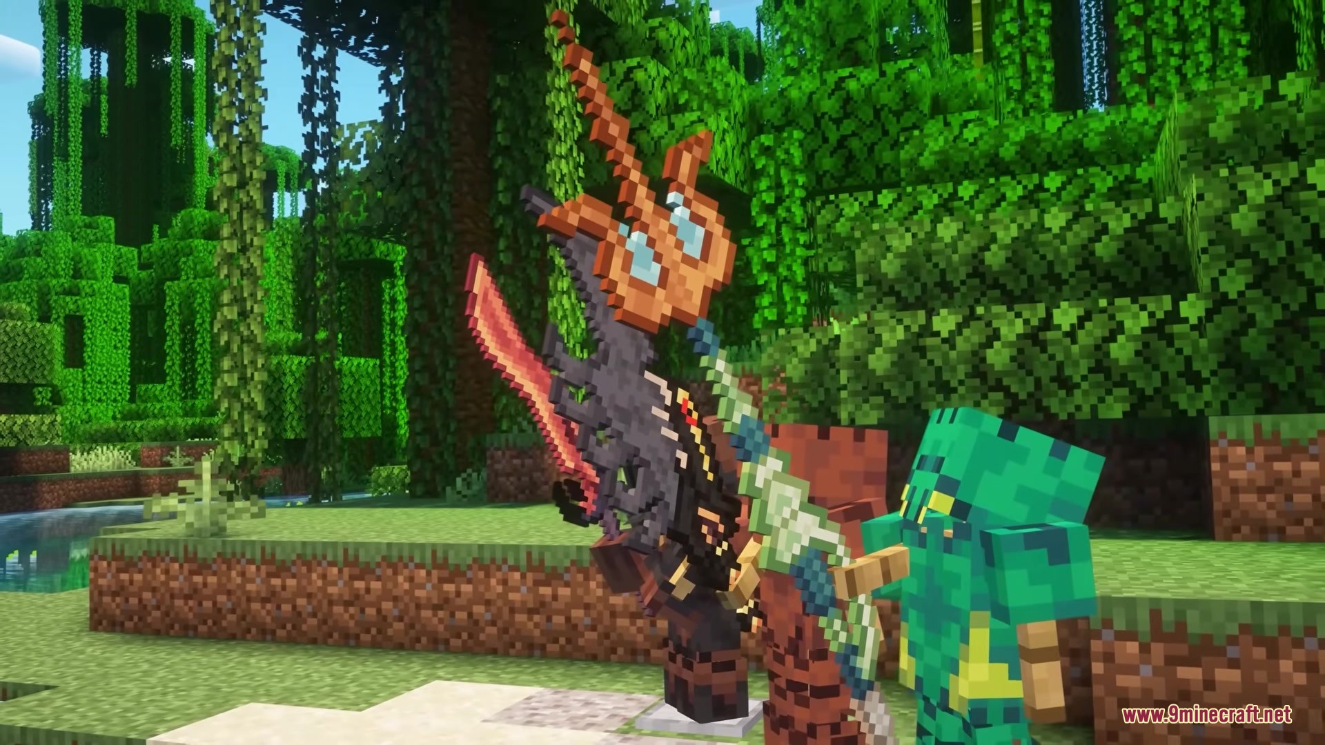 Player displays Unnamed Monster Mod weapons and armor in a jungle