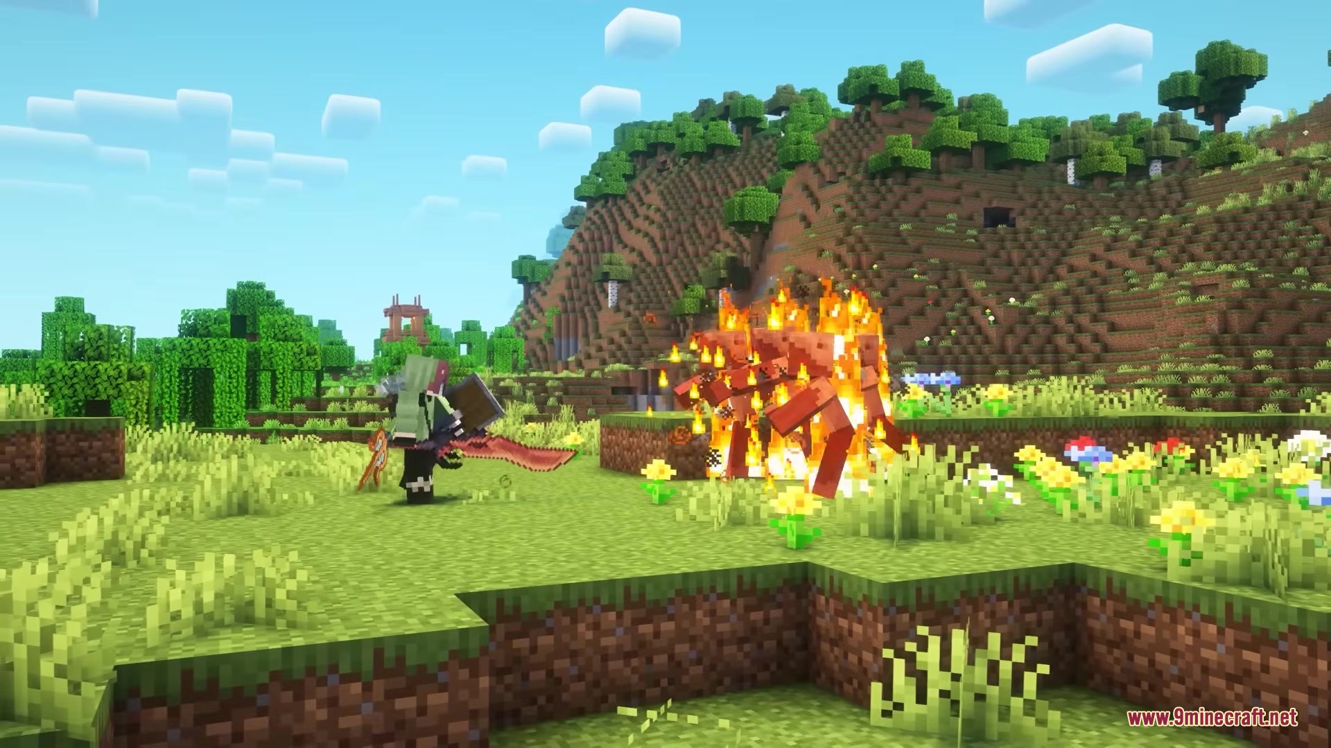 Hunter fights a pack of burning red monsters with a sword