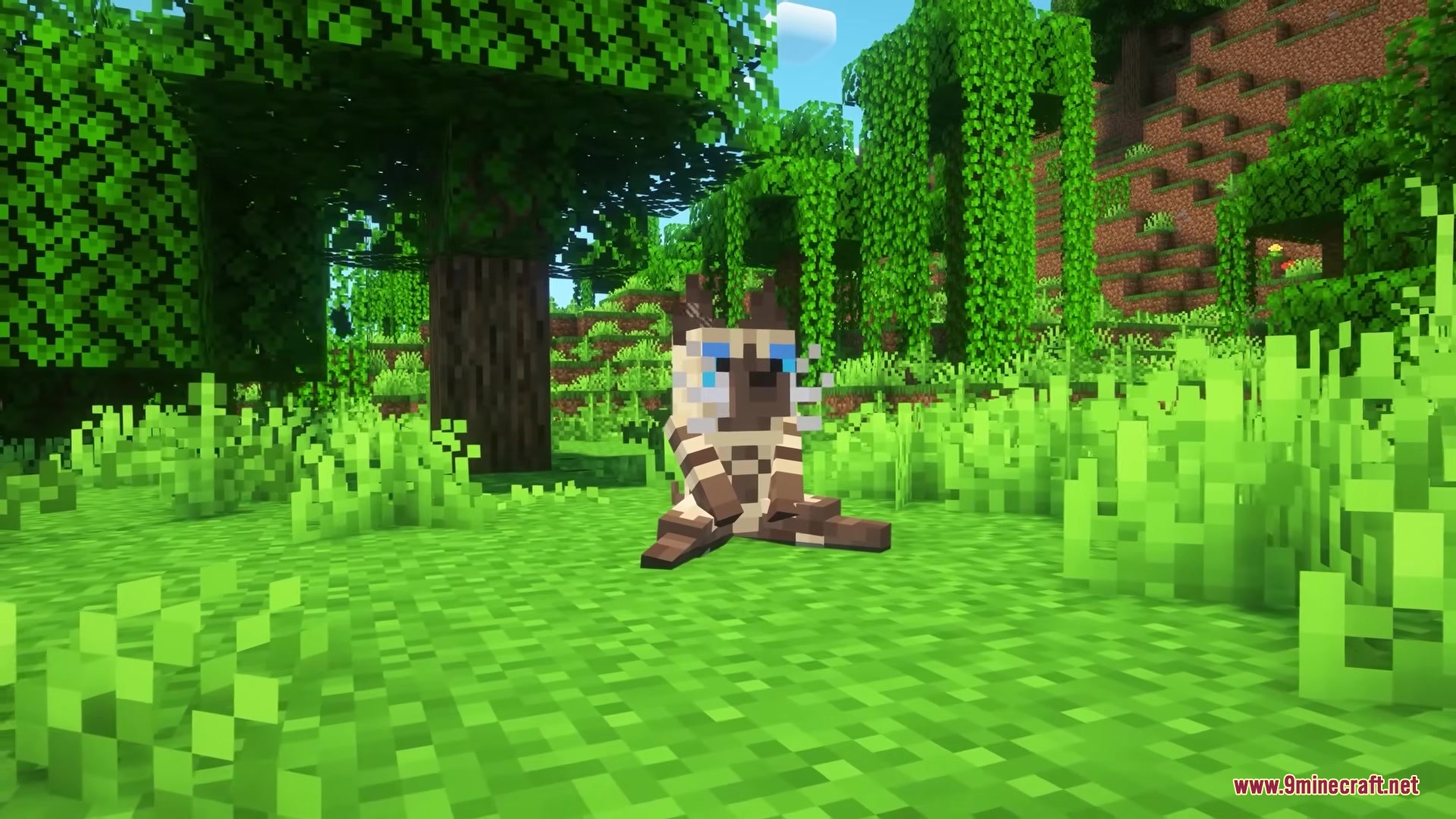 A Felyne pet sits in a lush green Minecraft forest