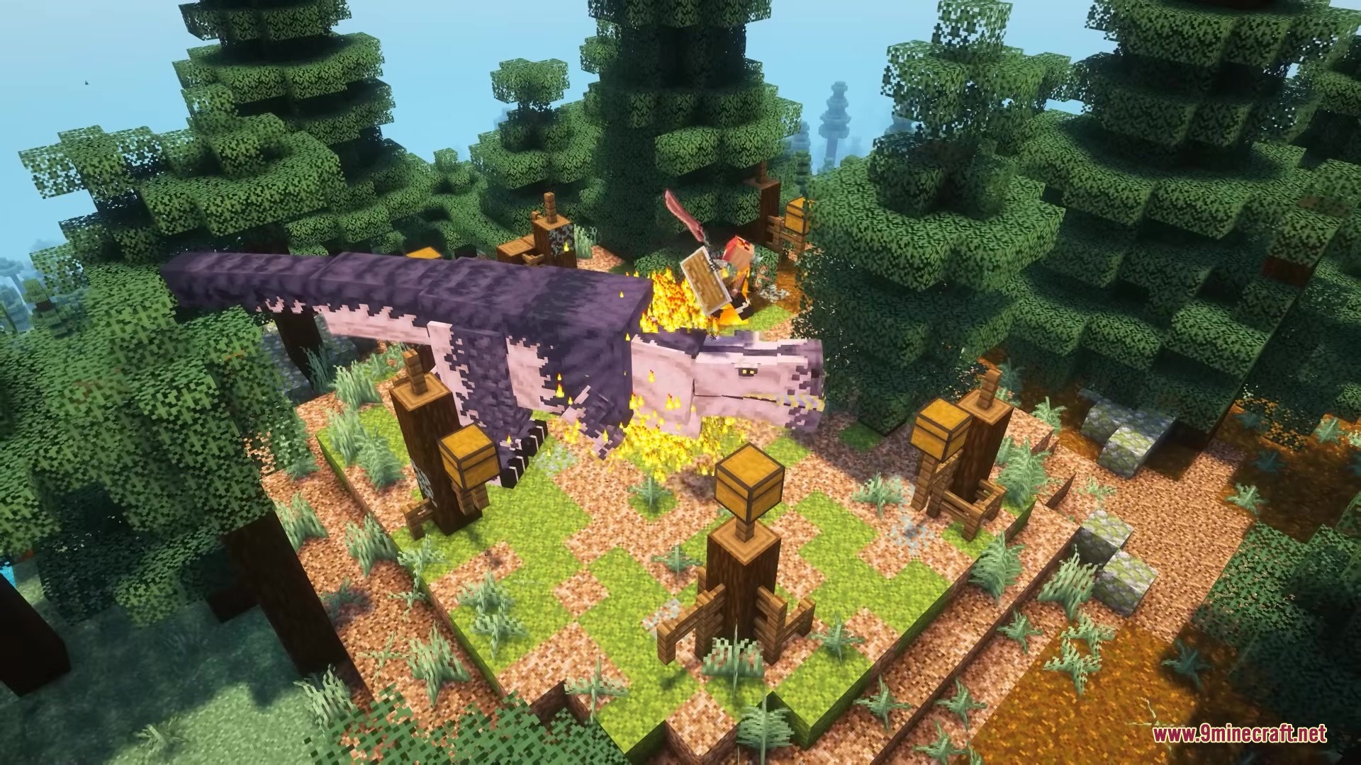 Player fights a giant purple monster in a pine forest