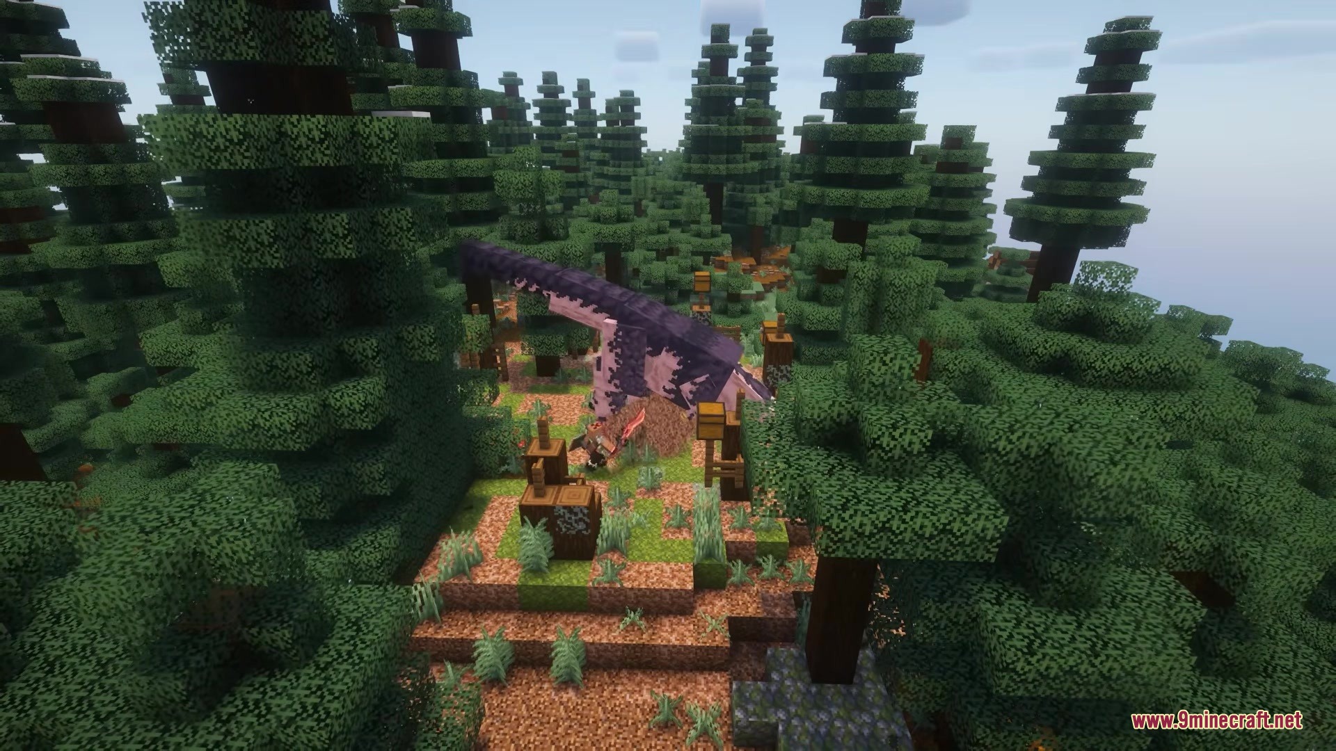 Giant purple monster roaming through a dense pine forest biome