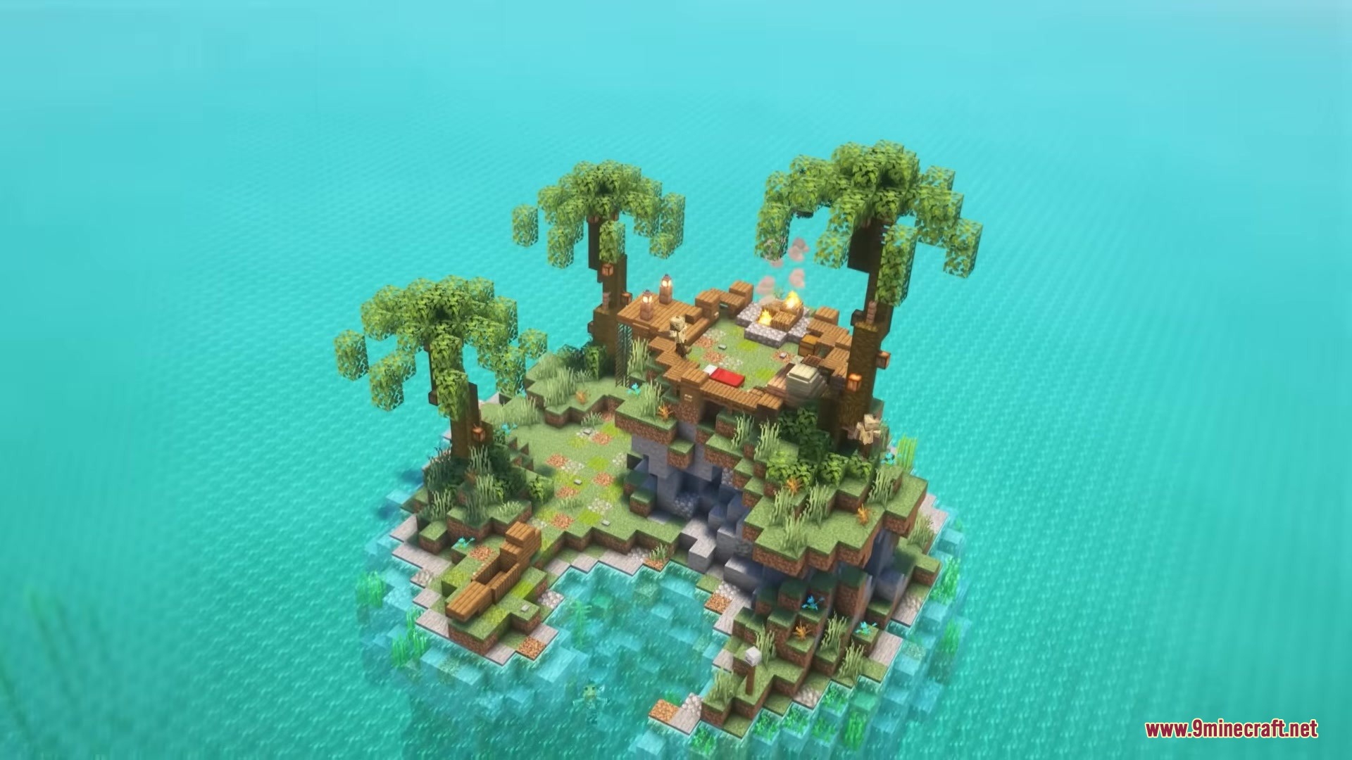 A handcrafted tropical island structure with palm trees and a campfire on water