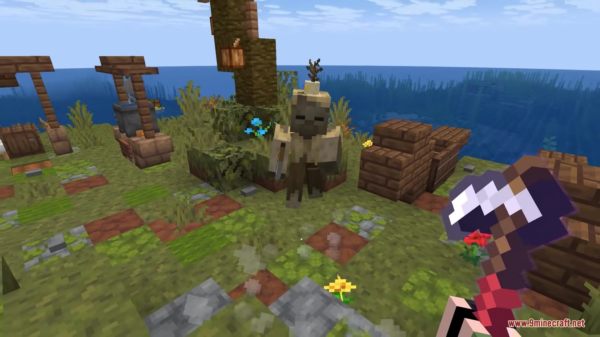 Player holding a netherite axe facing a Husk mob on a small island