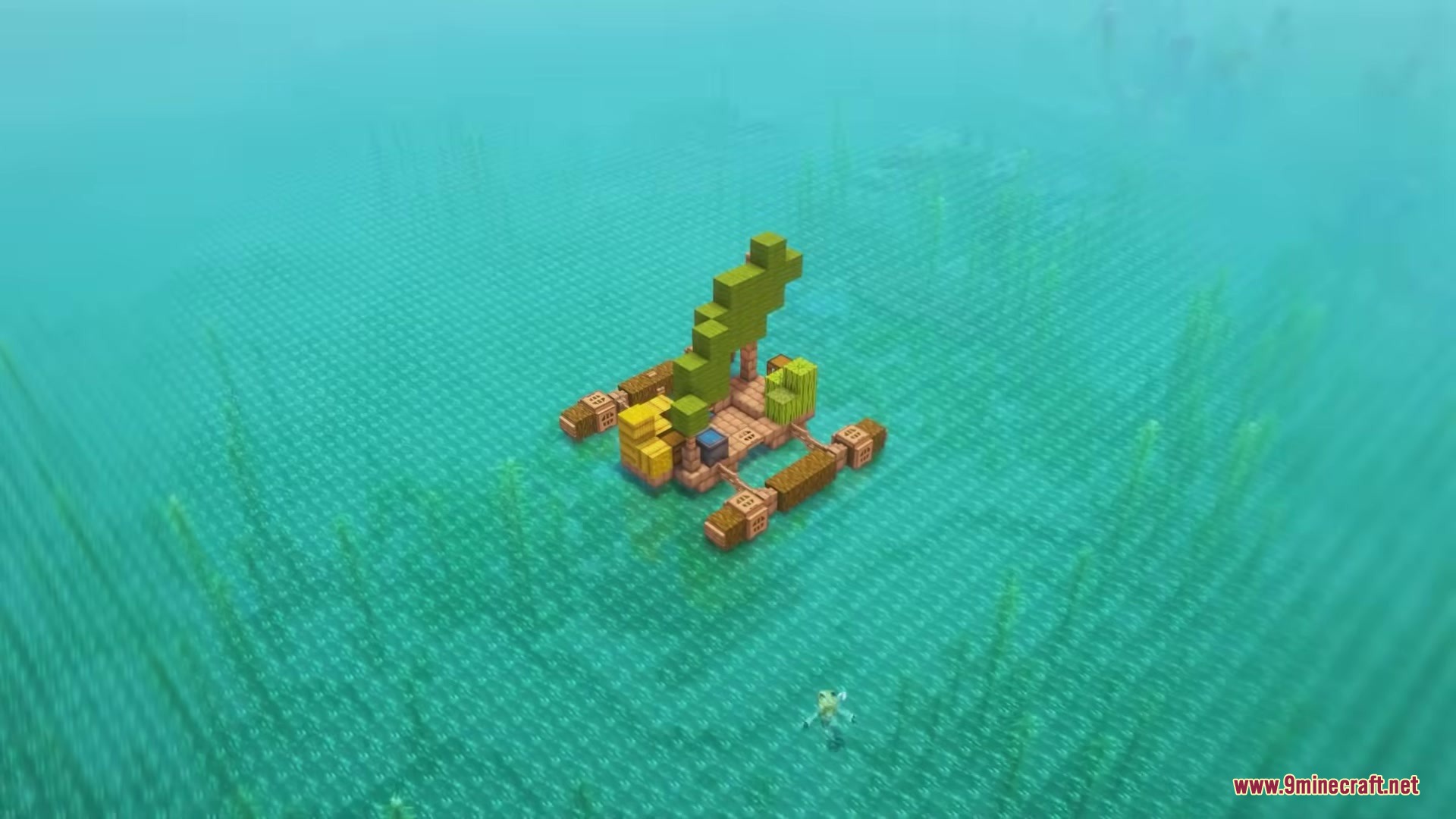 Small Minecraft raft with a green sail floating on the clear blue water