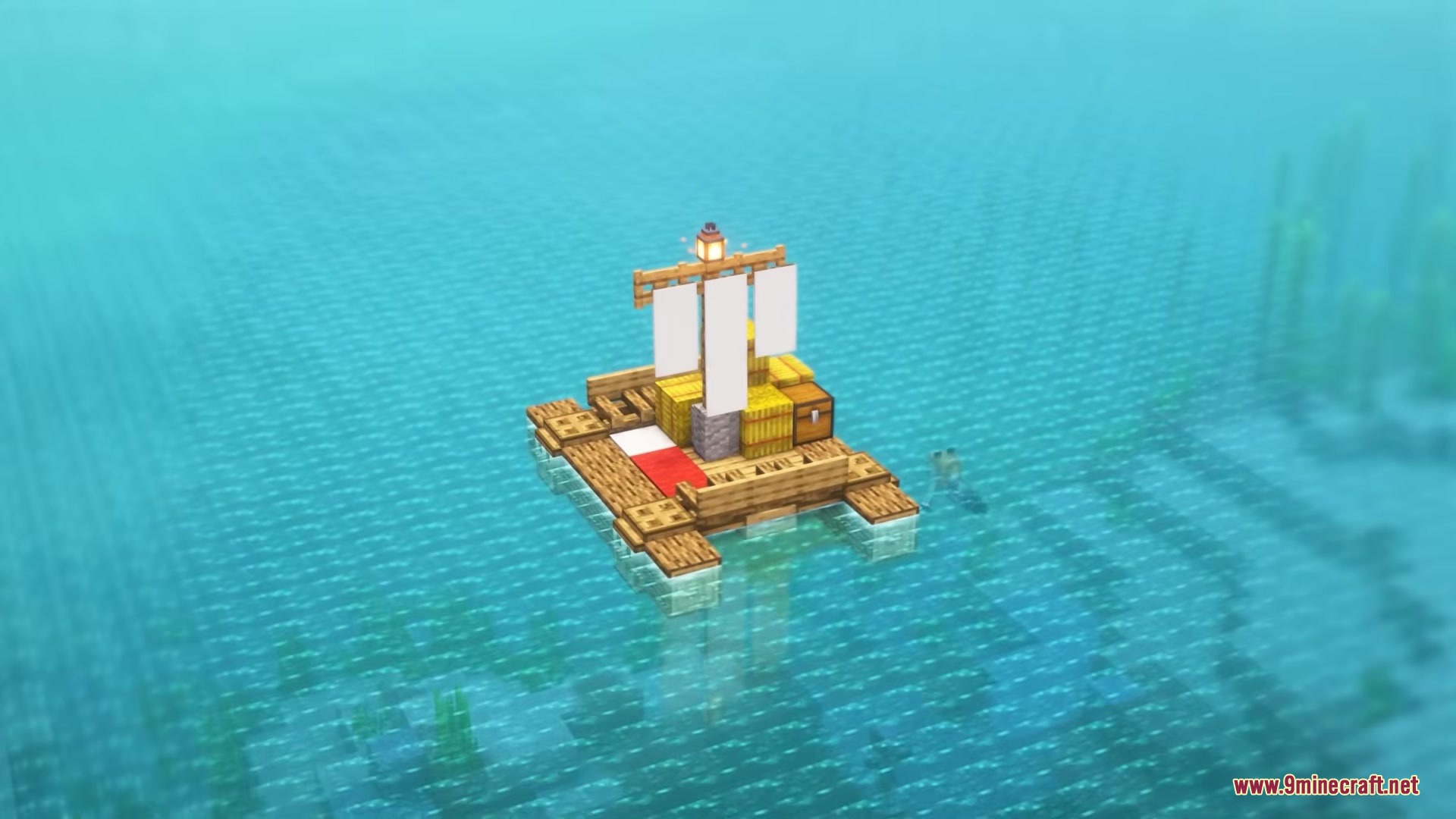 Wooden raft with white banner sails and a red bed on the ocean
