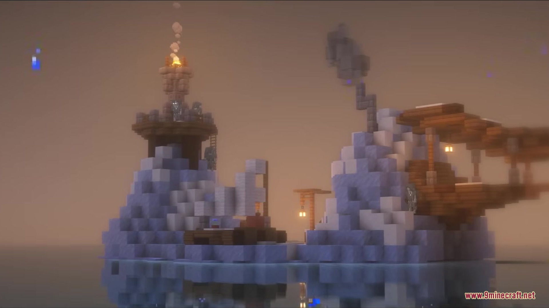 A cold glacier island structure with a lighthouse in the misty ocean