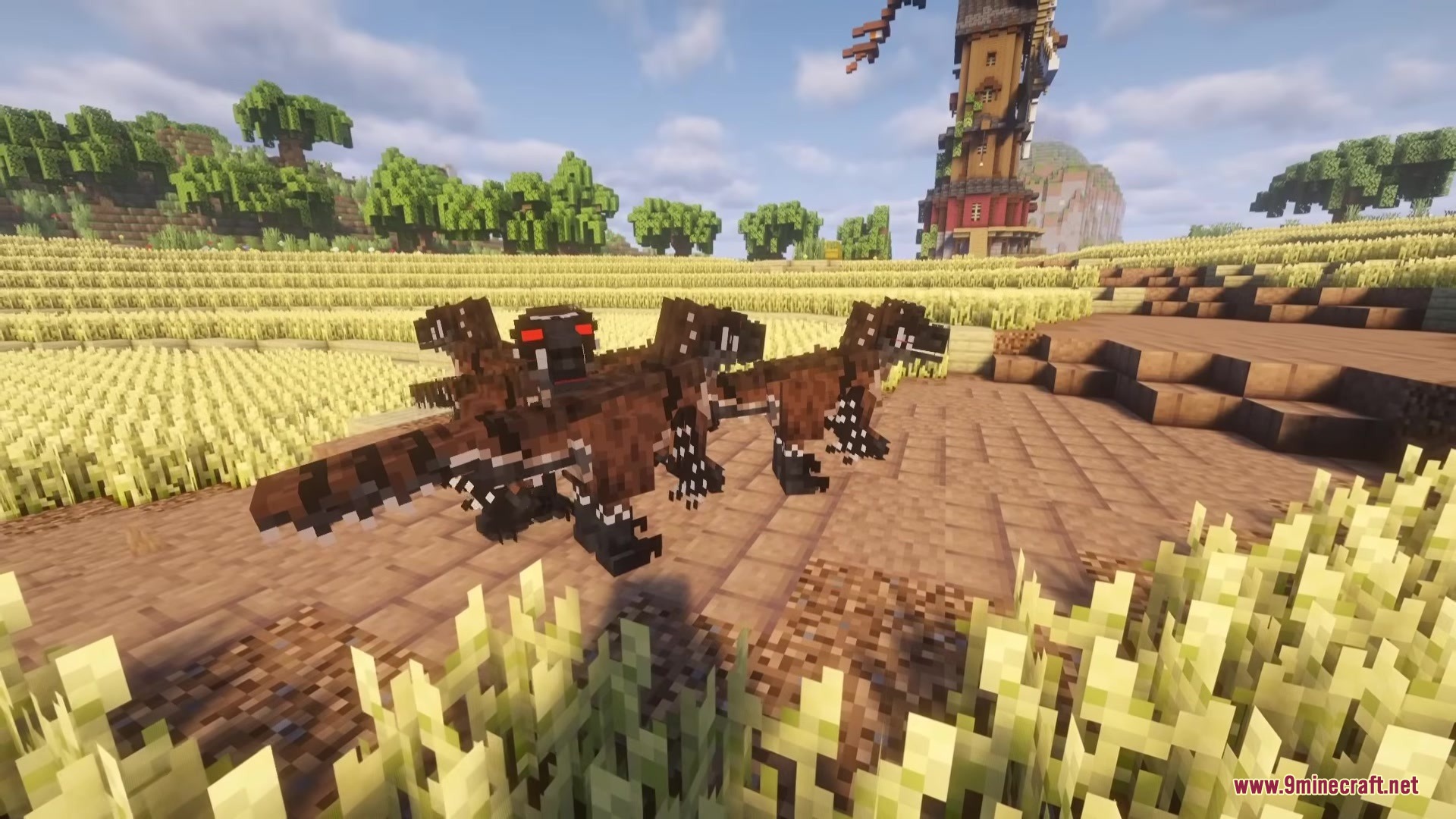 A brown dinosaur with glowing red eyes walks along a village path