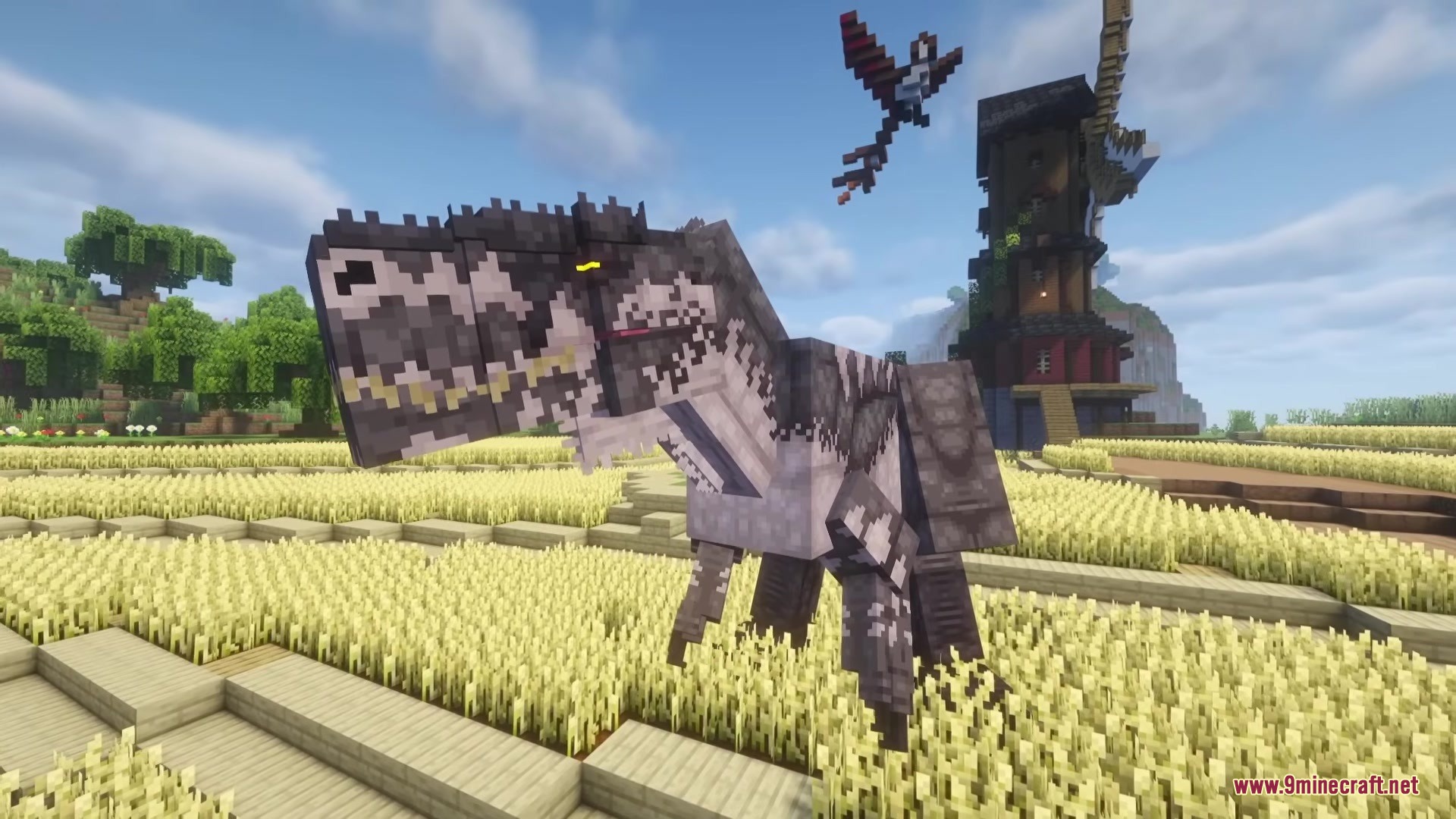 A large dinosaur stalks through a wheat field while a flying creature passes