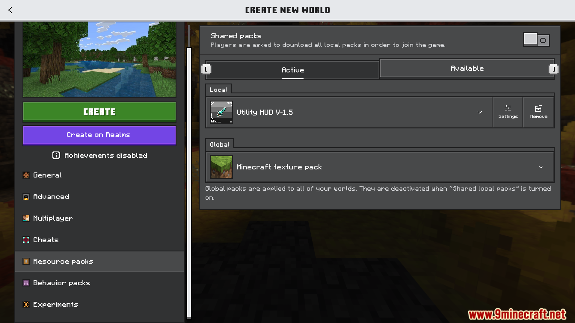 Minecraft resource packs menu showing the active Utility HUD texture pack