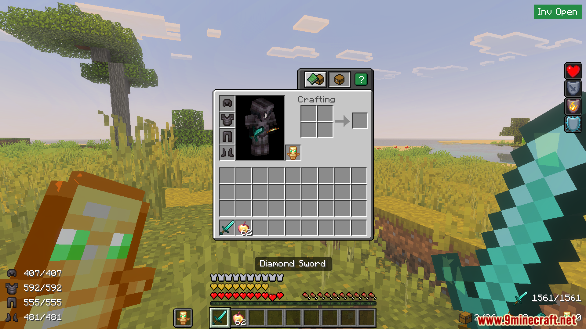 Inventory screen showing armor durability and item counter for golden apples