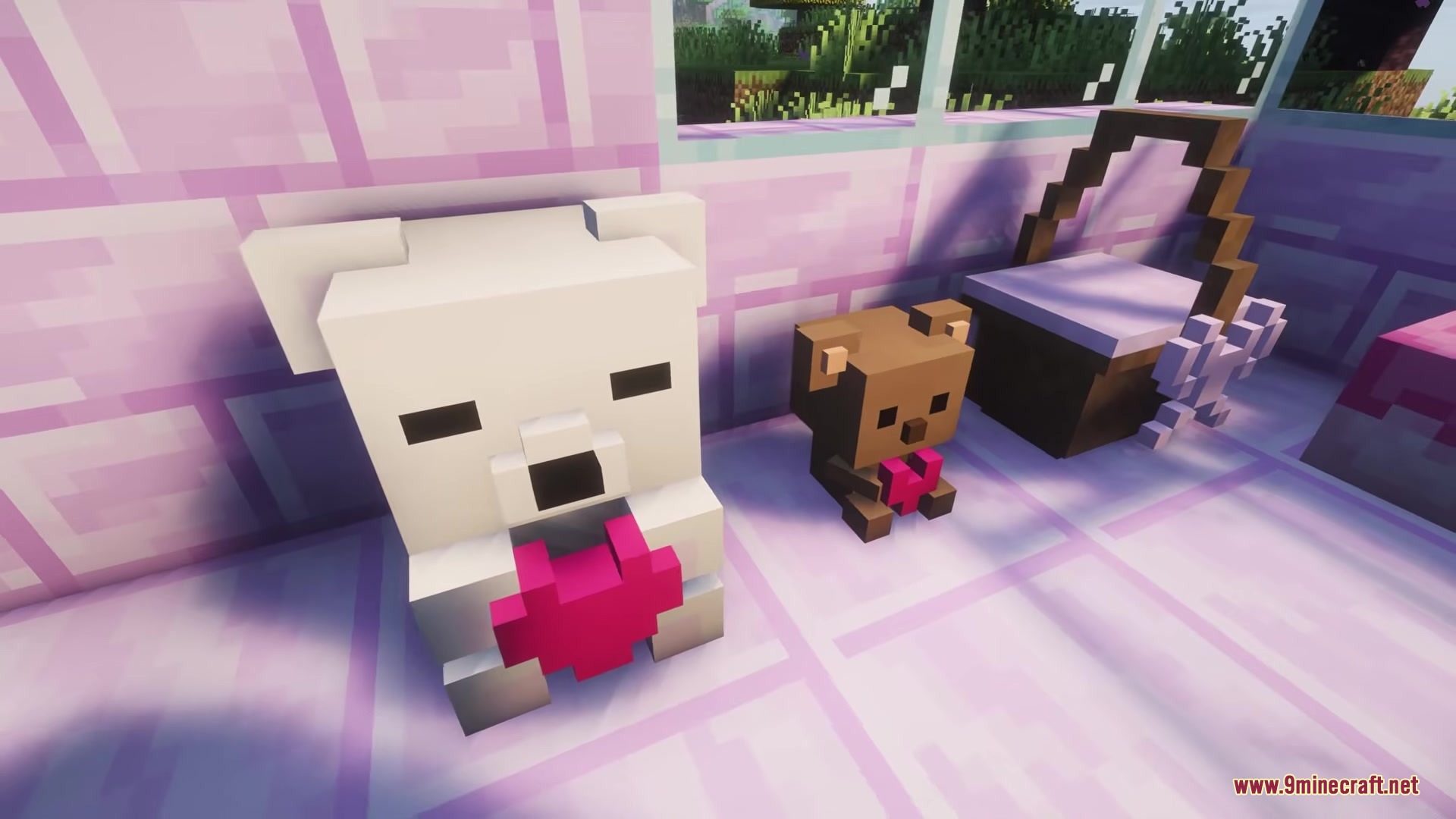 Adorable white and brown bear plushies holding pink hearts in Minecraft