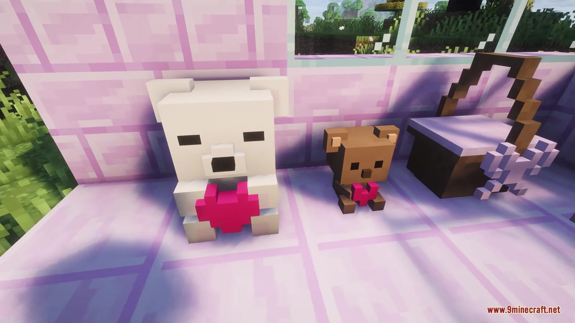Two cute bear plushies holding pink hearts next to a picnic basket